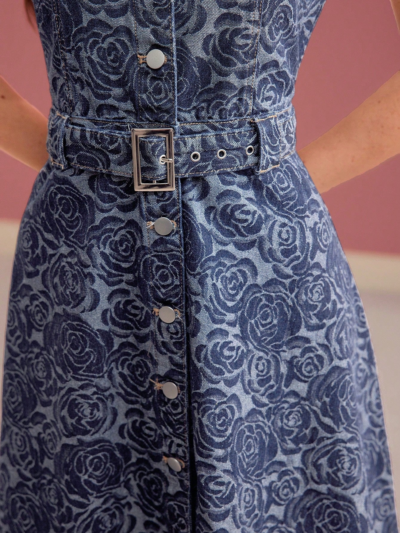 CM-DS909191 Women ELegant Seoul Style Floral Print Collar Neckline Button Up Sleeveless High Waist Denim Dress