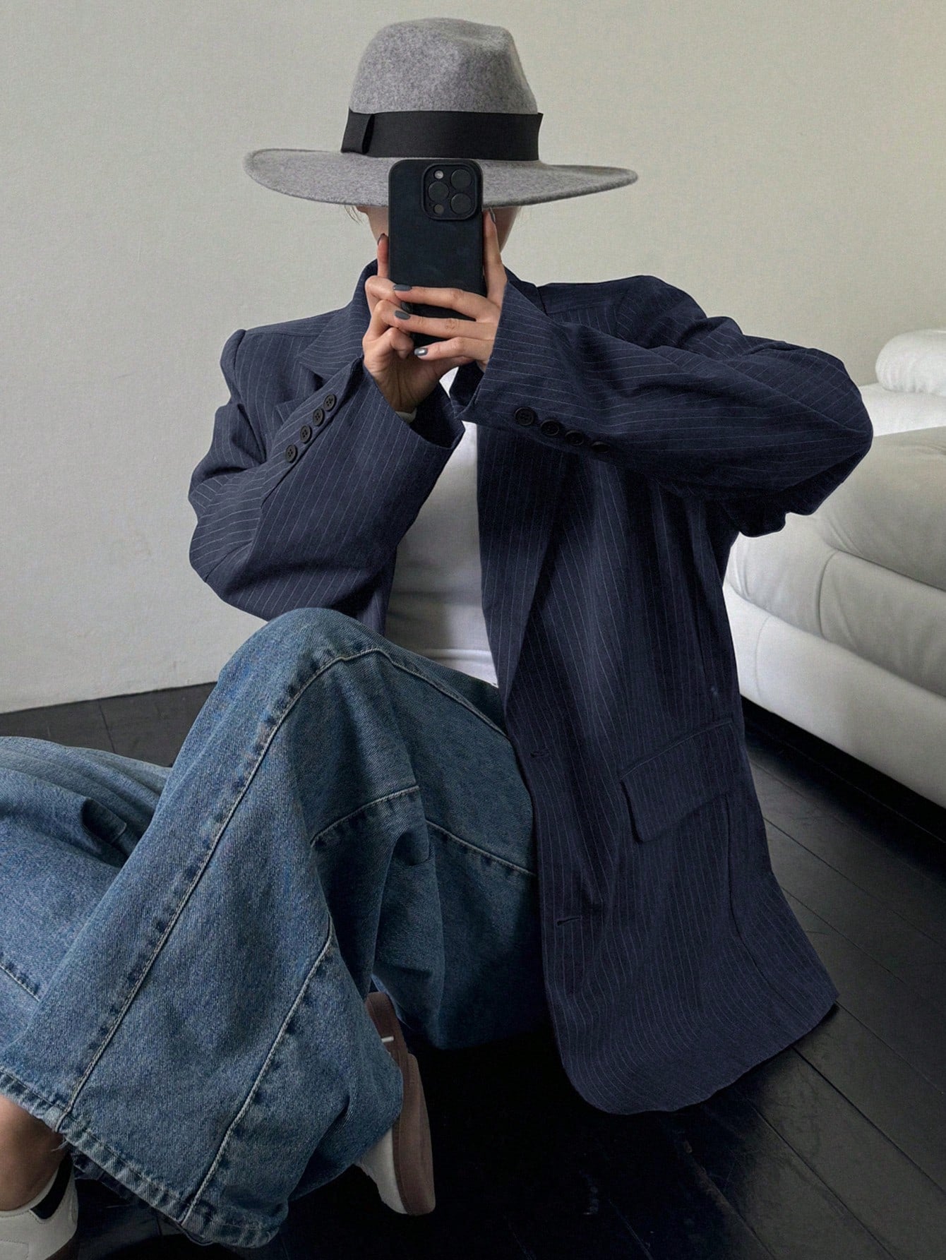 CM-CS941498 Women Elegant Seoul Style Striped Lapel Neckline Long Sleeve Suit Jacket - Navy Blue