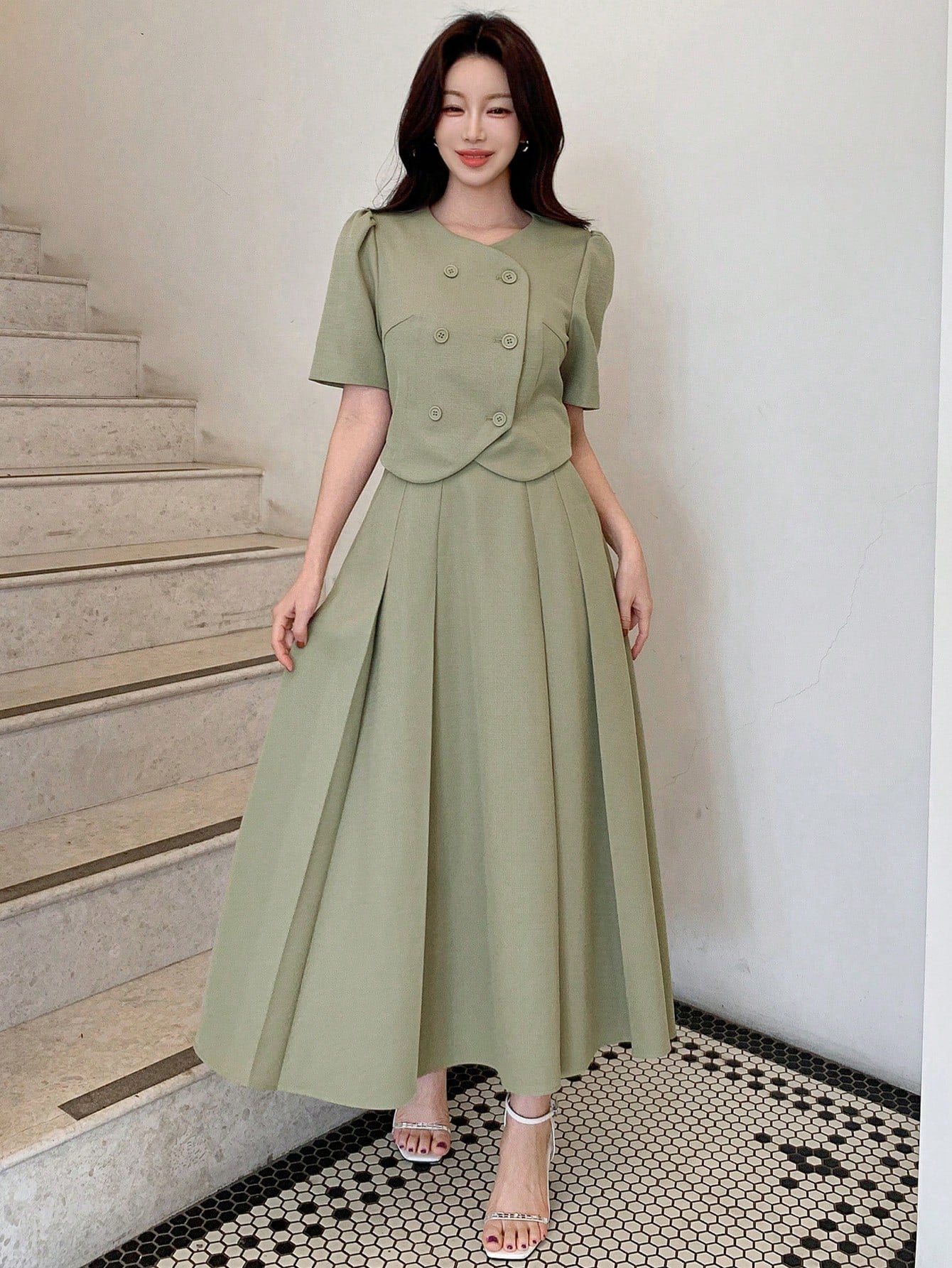 CM-SS095991 Women Elegant Seoul Style V-Neck Puff Sleeve Cropped Jacke