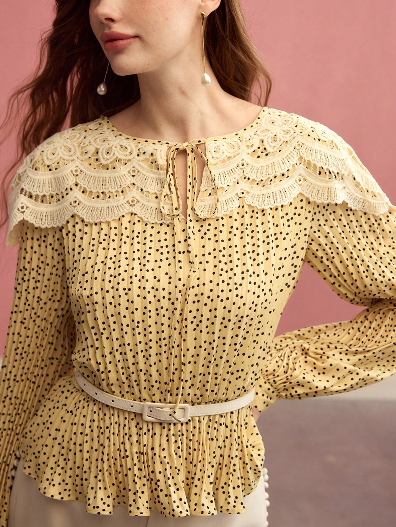CM-TS320620 Women Elegant Seoul Style Tie Neck Long Sleeve Contrast Lace Polka Dot Pleated Blouse - Yellow