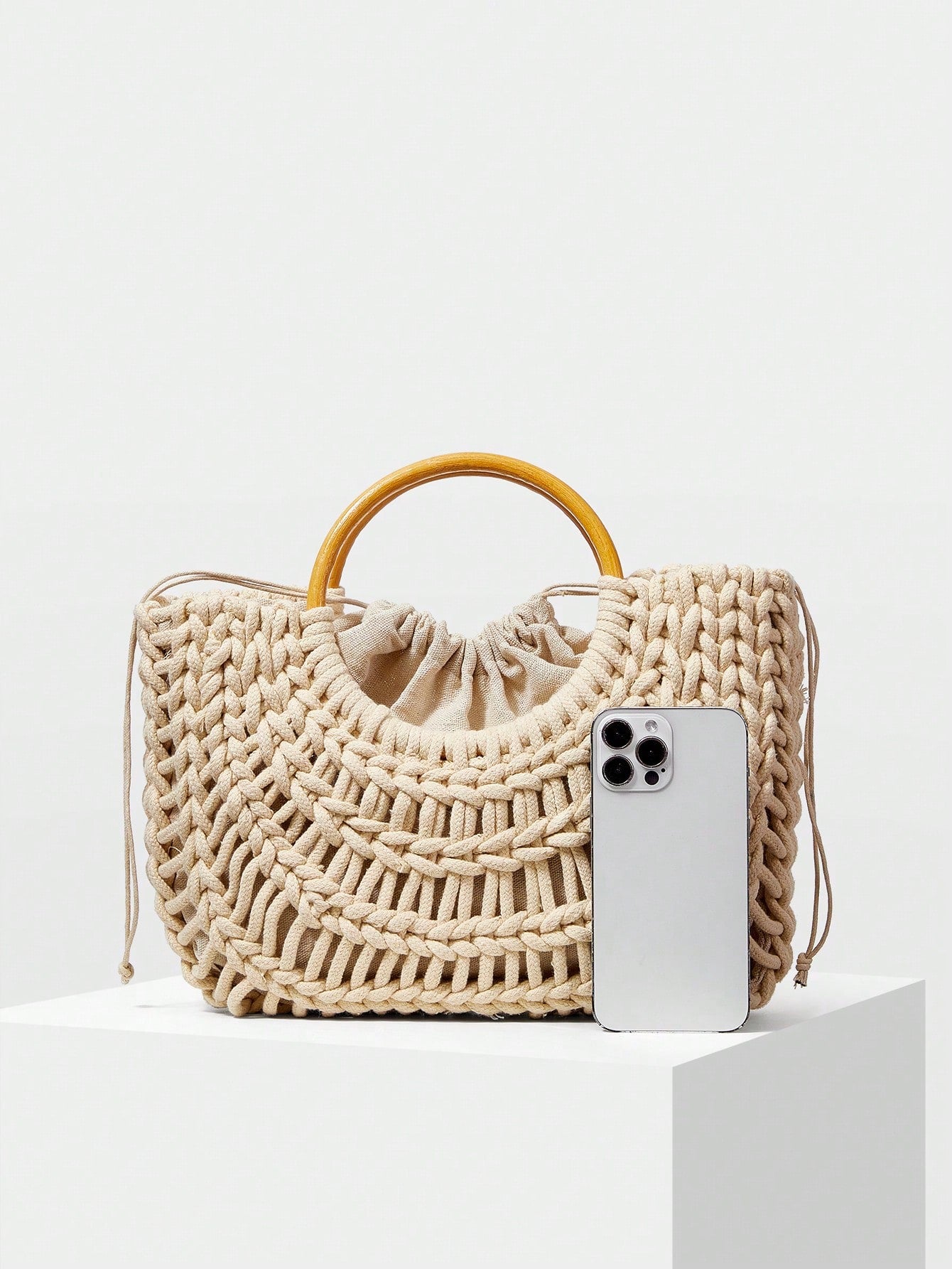 CM-BGS880515 Women Trendy Seoul Style Woven Hollow Out Drawstring Tote Bag - Beige