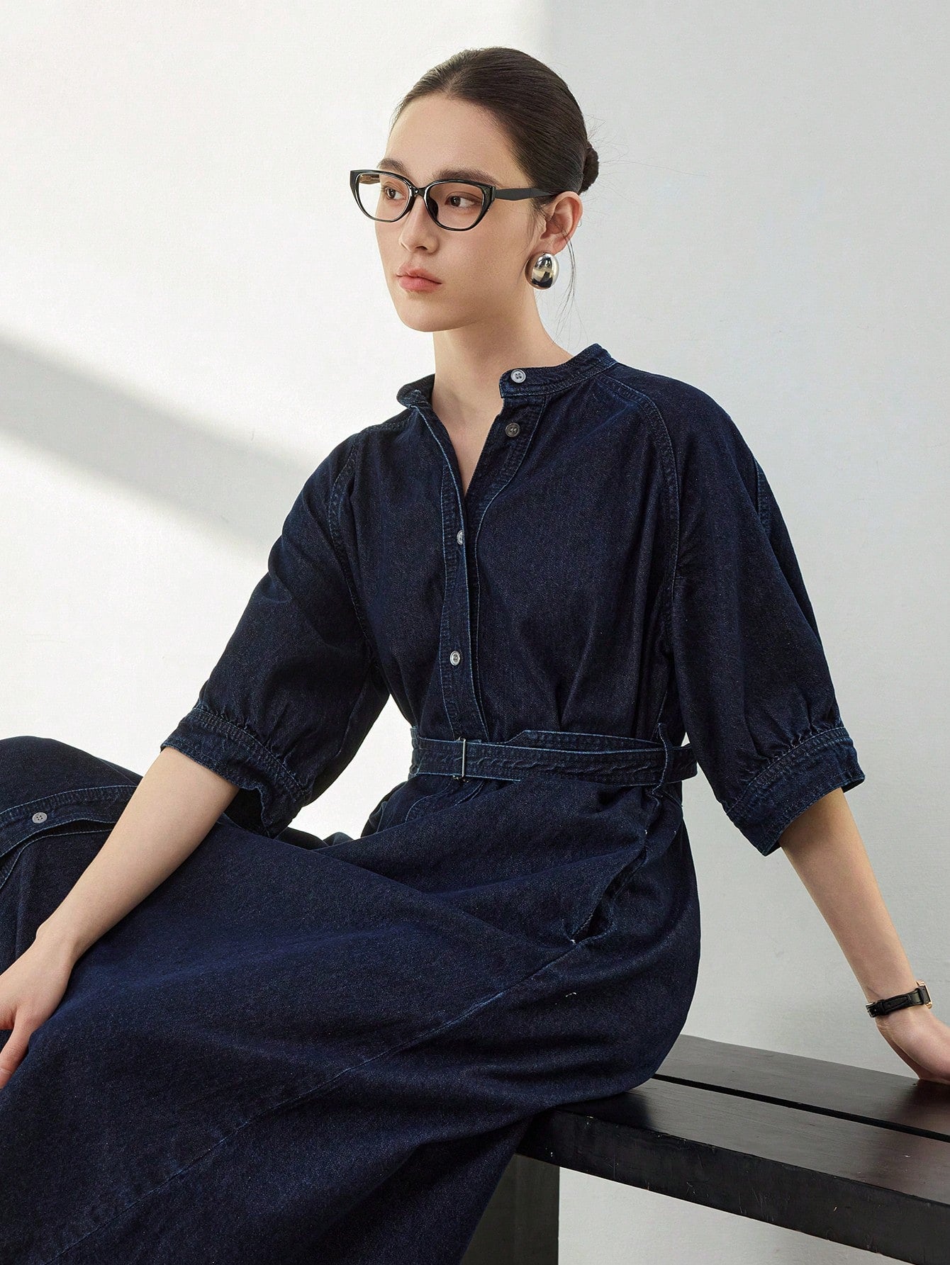 CM-DS248026 Women Casual Seoul Style Dark Wash Stand Collar Batwing Sleeve A-Line Denim Dress