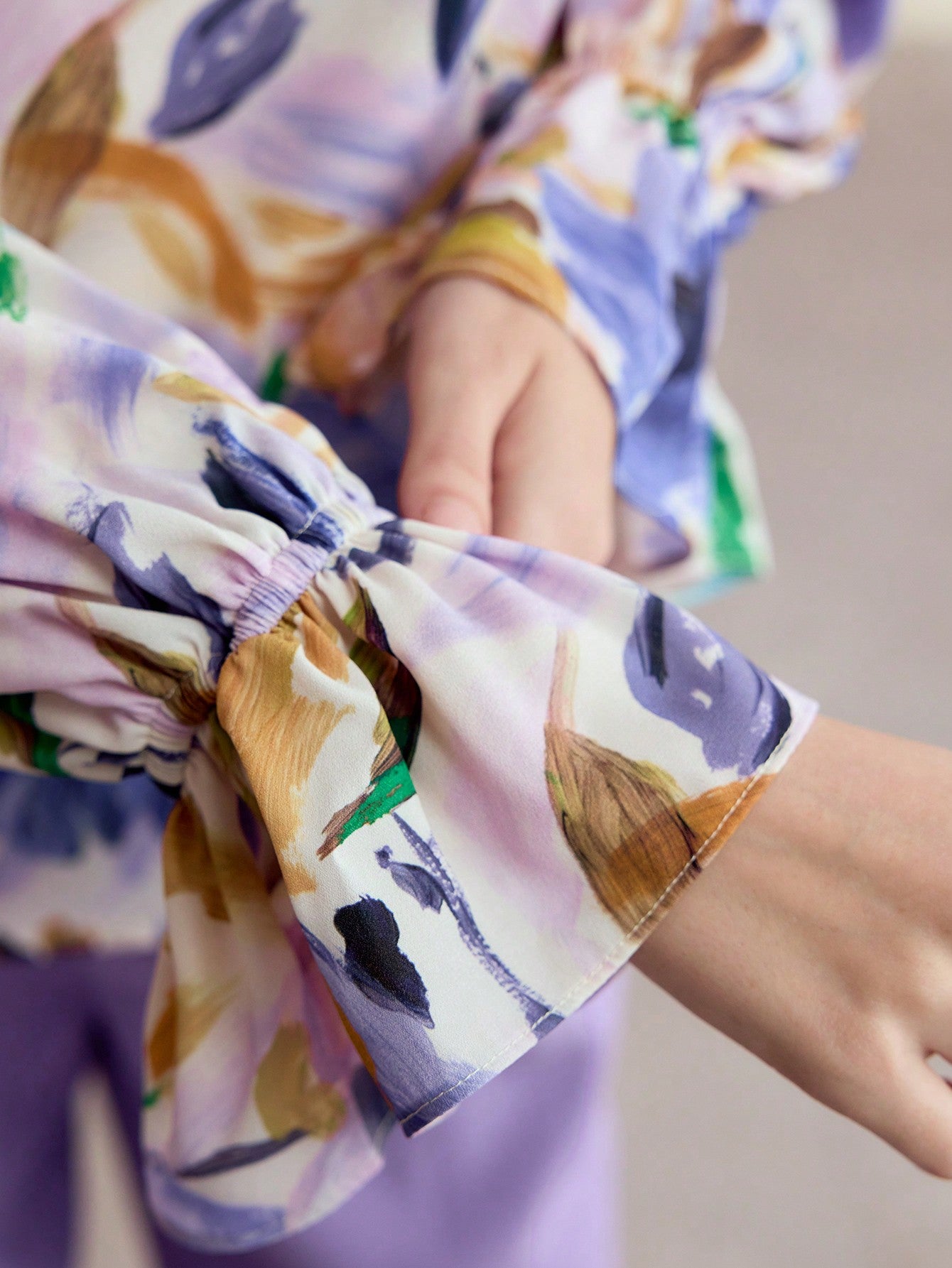 CM-TS466342 Women Elegant Seoul Style Floral Print Boat Neck Flare Sleeve Ruffle Trim Blouse - Lilac Purple