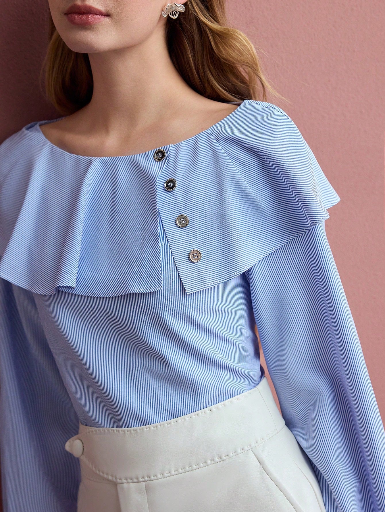 CM-TS321570 Women Elegant Seoul Style Round Neck Long Sleeve Striped Ruffle Trim Blouse - Blue