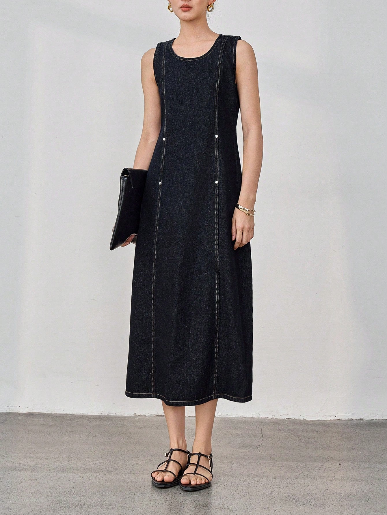 CM-DS862662 Women Casual Seoul Style Round Neck 3D Cut Waist Sleeveless Denim Dress - Black