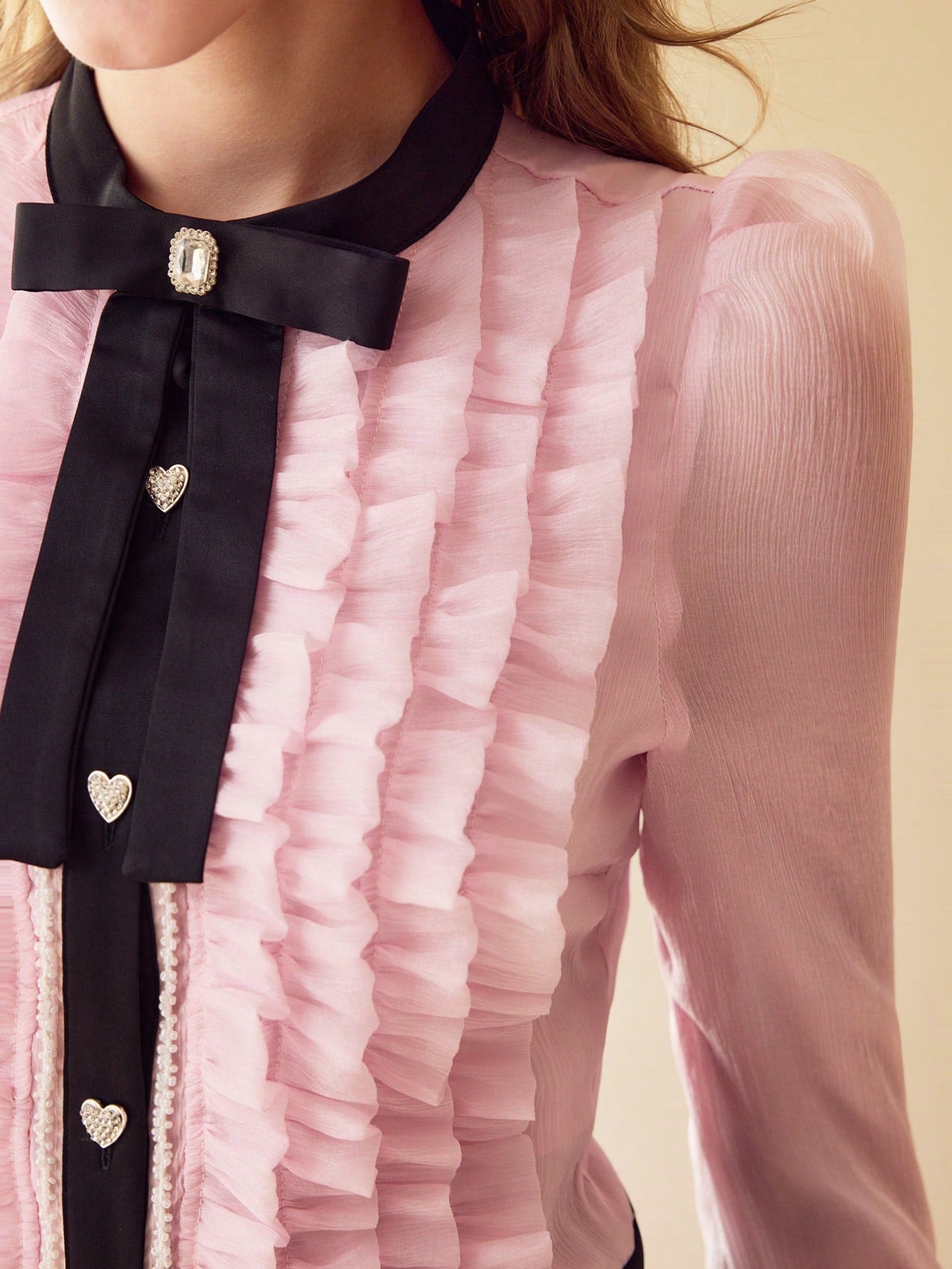 CM-TS910022 Women Elegant Seoul Style Stand Collar Puff Sleeve Colorblock Ruffle Trim Blouse - Pink