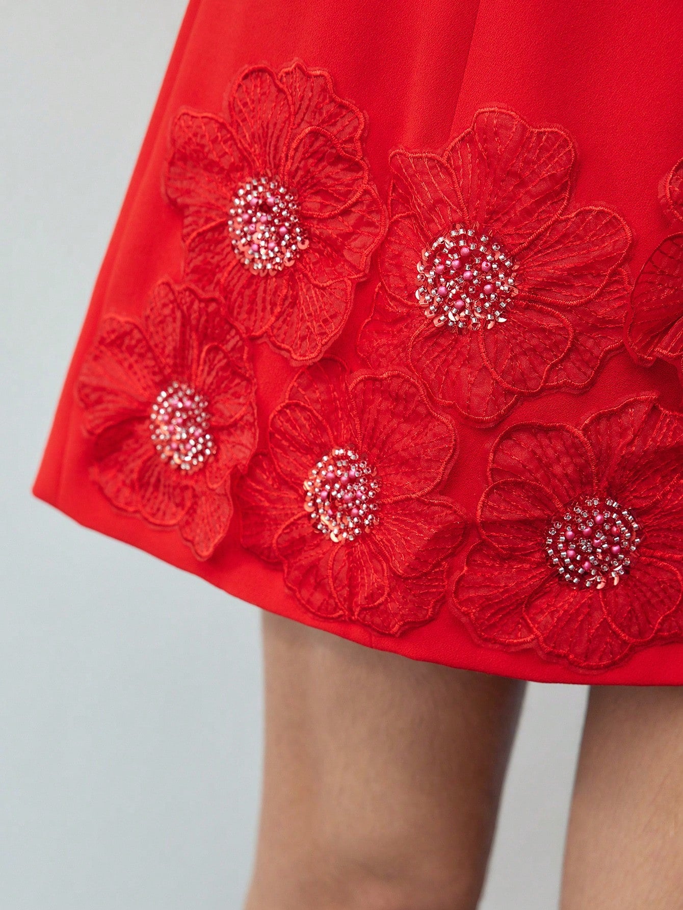 CM-DS862666 Women Elegant Seoul Style Round Neck Sleeveless Floral Patched Mid Waist Mini Dress - Red