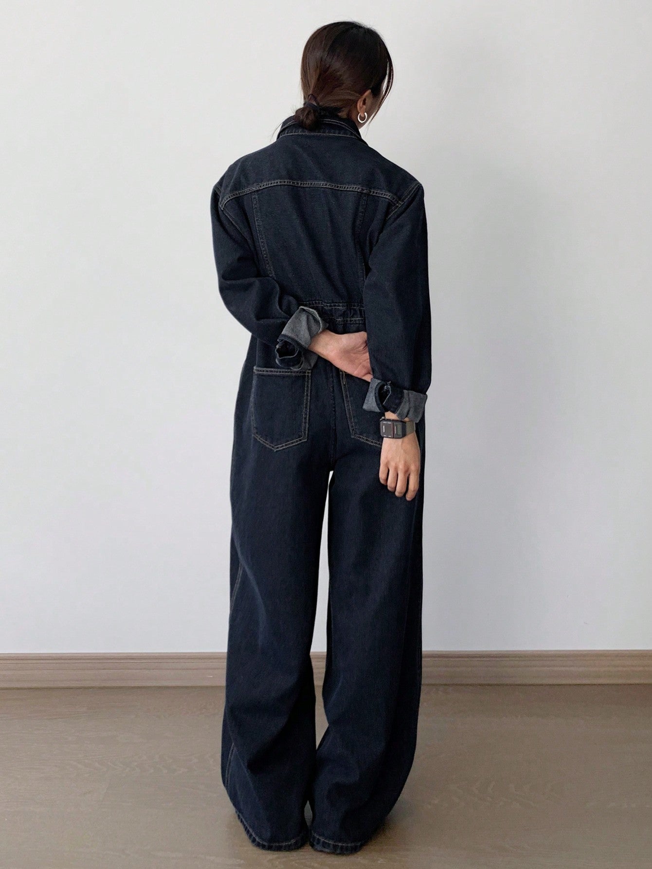 CM-JS803004 Women Casual Seoul Style Dark Wash Collar Neckline Drop Shoulder Drawstring Jumpsuit