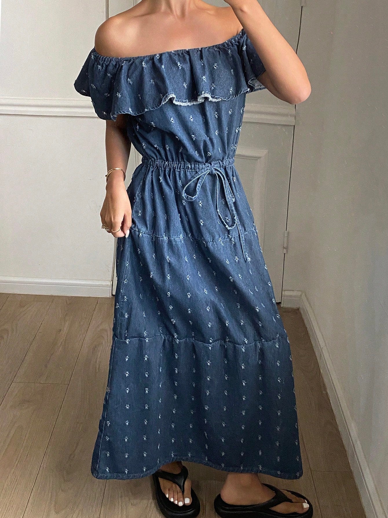 CM-DS186327 Women Casual Seoul Style Off Shoulder Waist Cinched Jacquard Short Sleeve Maxi Denim Dress