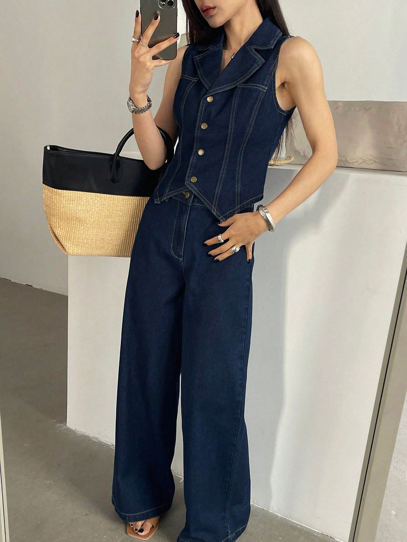 CM-SS121309 Women Elegant Seoul Style Dark Wash Sleeveless Open Front Denim Waistcoat With Wide Leg Pants - Set
