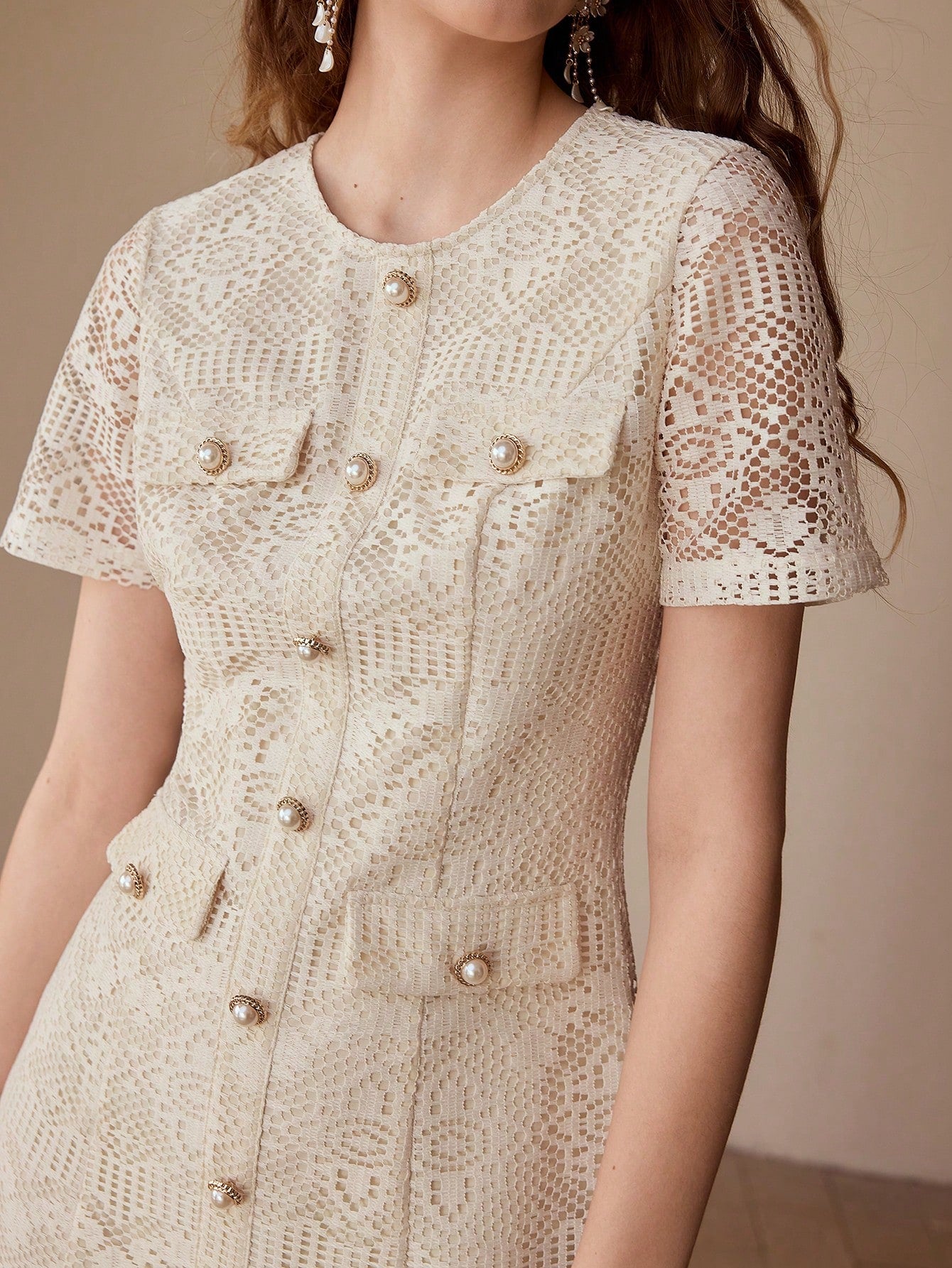 CM-DS767017 Women Elegant Seoul Style Round Neck Short Sleeve Pointelle Decor Fitted Mini Dress - Apricot