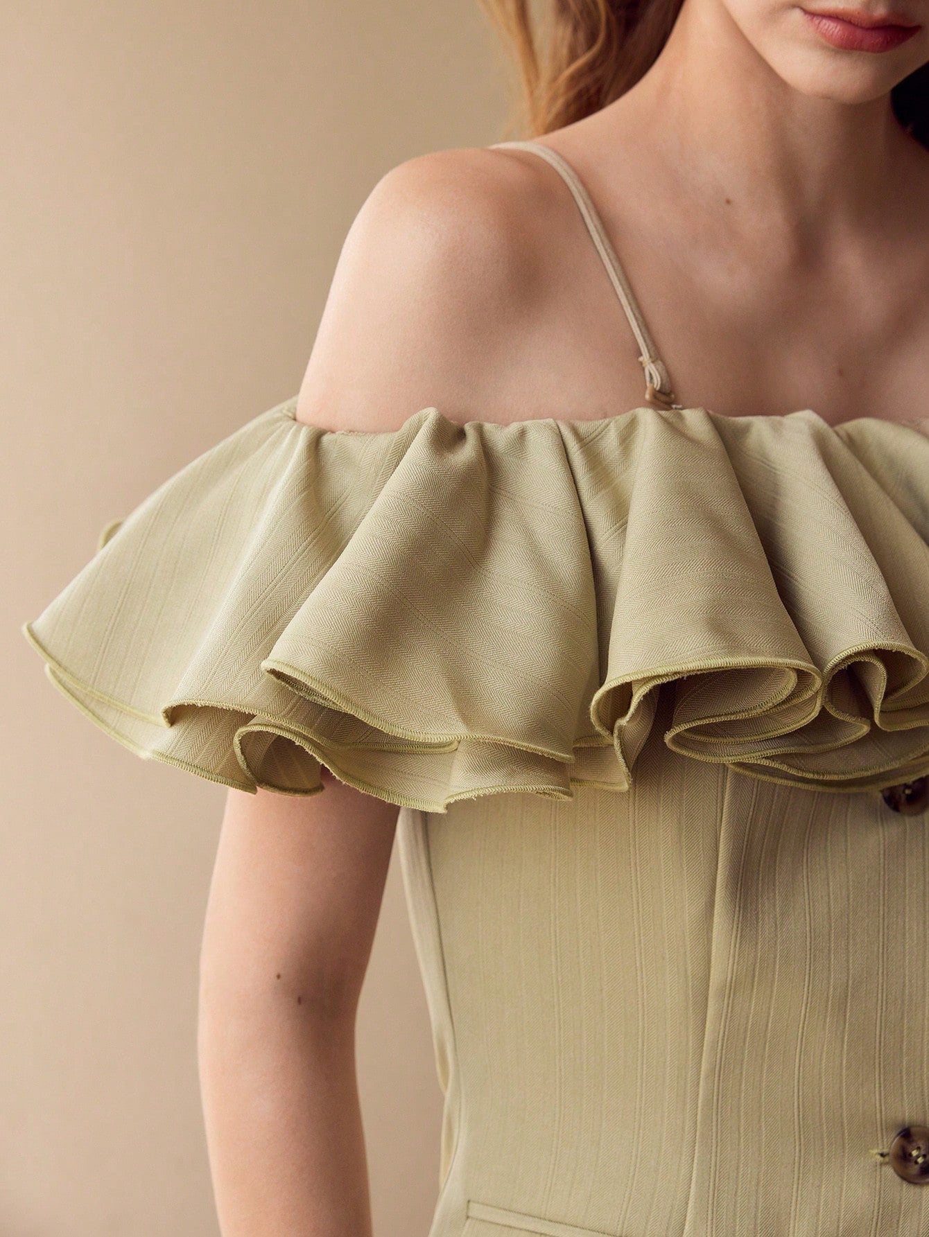 CM-TS982198 Women Elegant Seoul Style Spaghetti Strap Cold Shoulder Ruffle Trim Buttin Fron Top