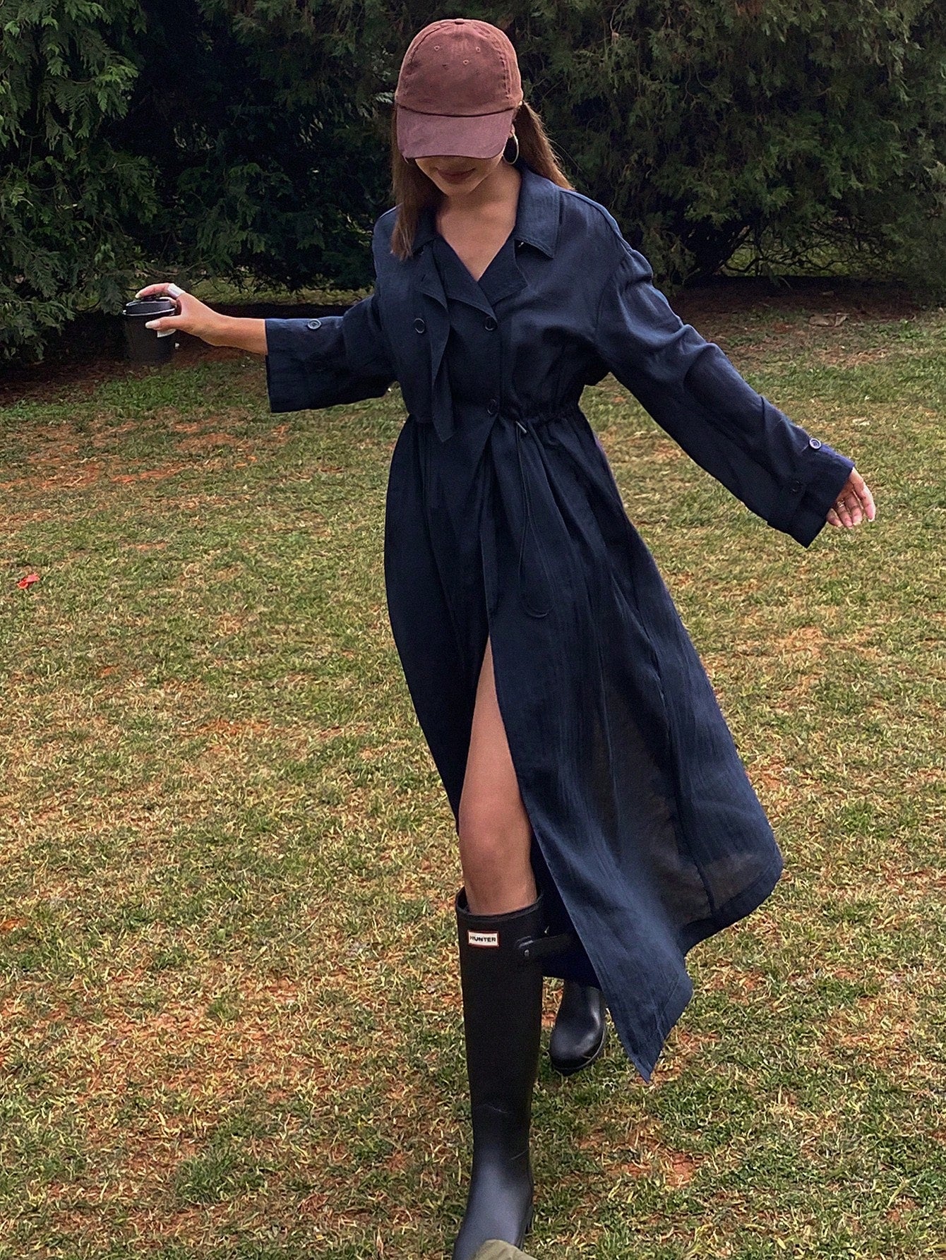 CM-CS626667 Women Casual Seoul Style Solid Color Cinched Waist Long Sleeve Trench Coat - Navy Blue