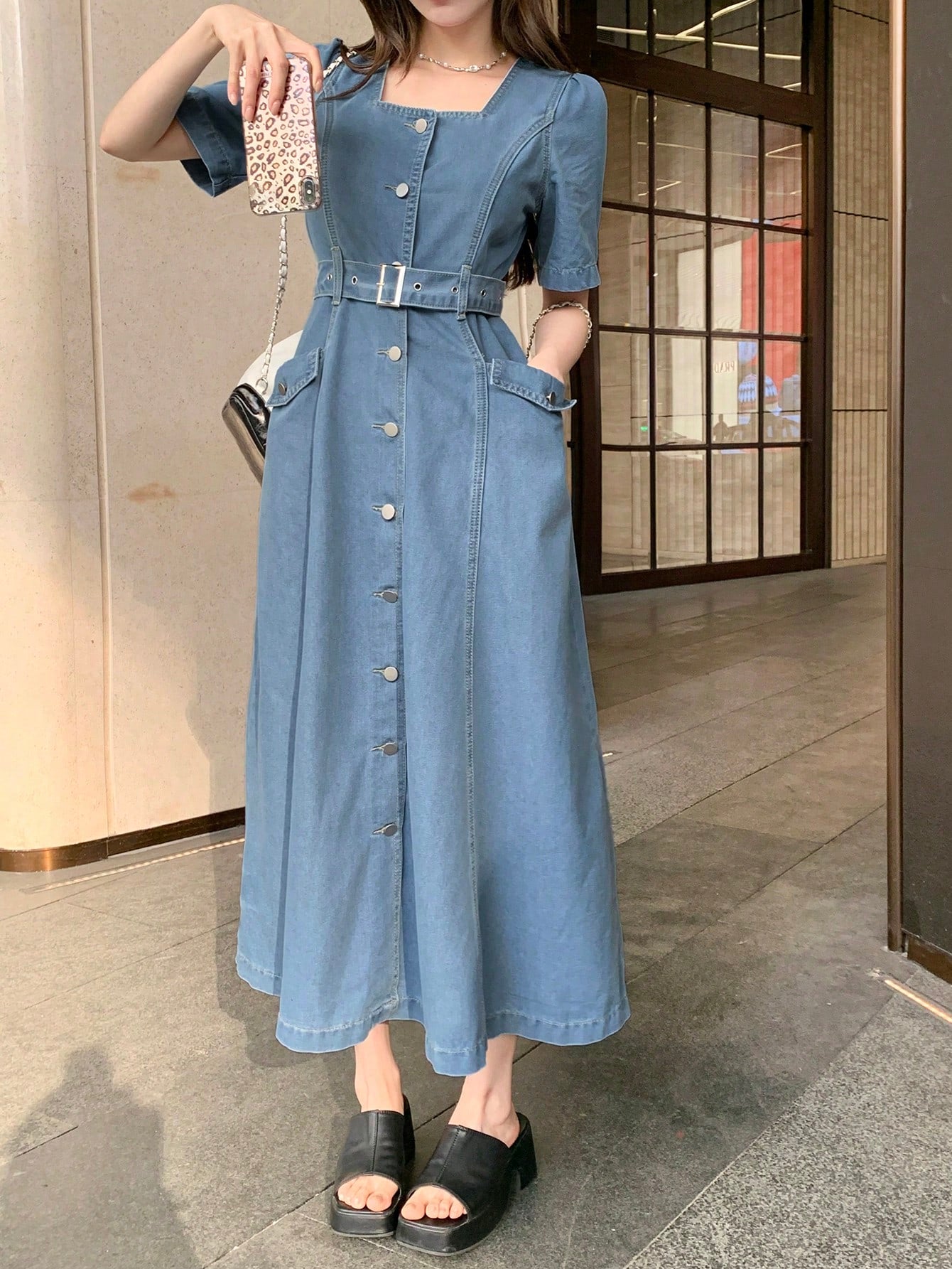 CM-DS077756 Women Casual Seoul Style Square Neck Half Puff Sleeve Belted Denim Dress - Blue