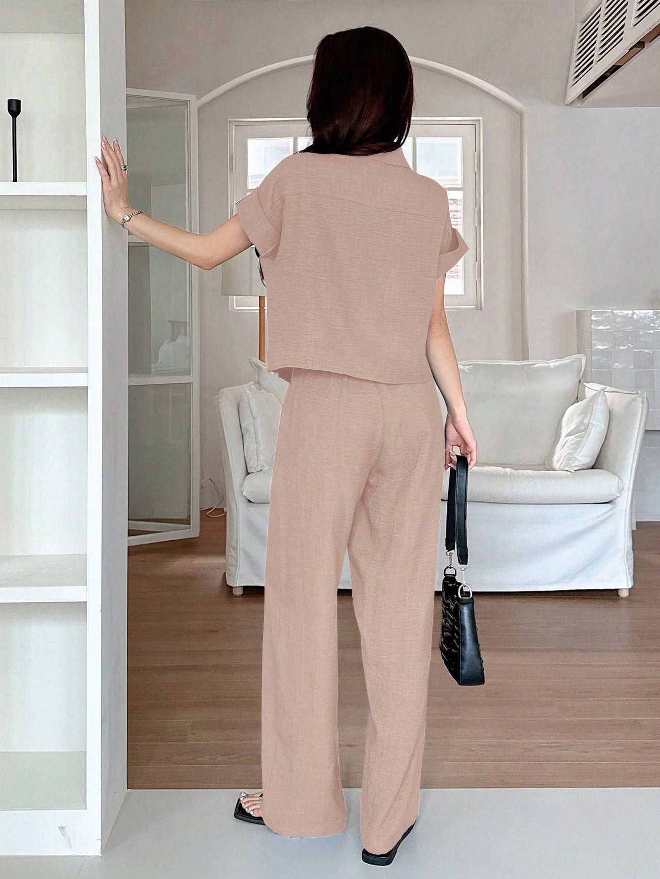 CM-SS555635 Women Casual Seoul Style Solid Color Collar Neckline Batwing Sleeve Blouse With Wide Leg Pants - Set