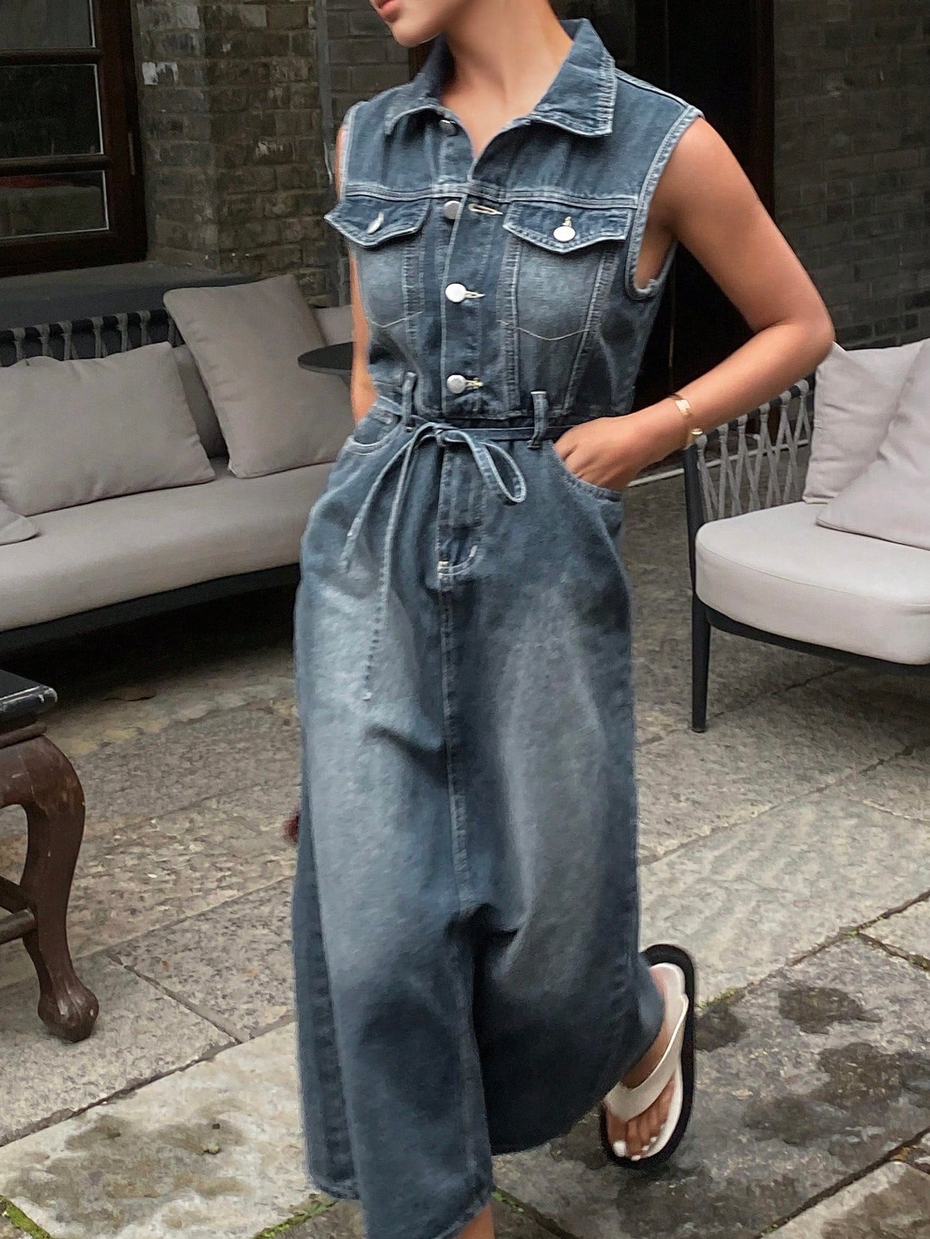CM-DS993760 Women Casual Seoul Style Collar Neckline Sleeveless High Waist Denim Dress - Blue