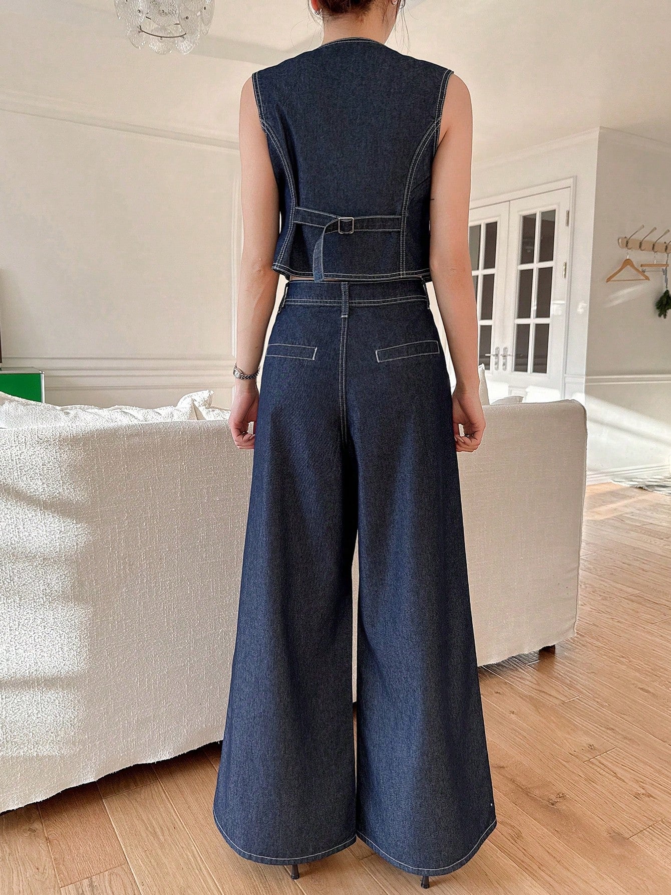 CM-SS121191 Women Casual Seoul Style Topstitching Detail Oblique Collar Vest With Wide Leg Pants - Set
