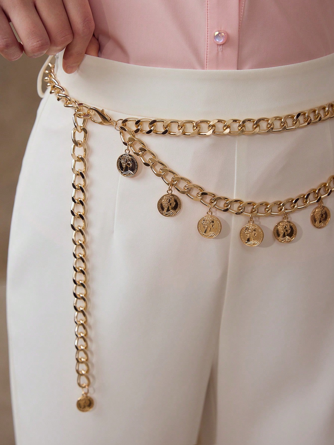 CM-BS056181 Women Casual Seoul Style High Waist Chain Decor Tailored Flare Leg Pants - White