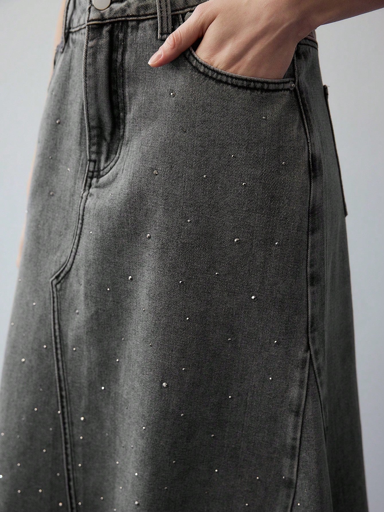 CM-BS389752 Women Casual Seoul Style Rhinestone Detail A-Line Denim Skirt - Gray