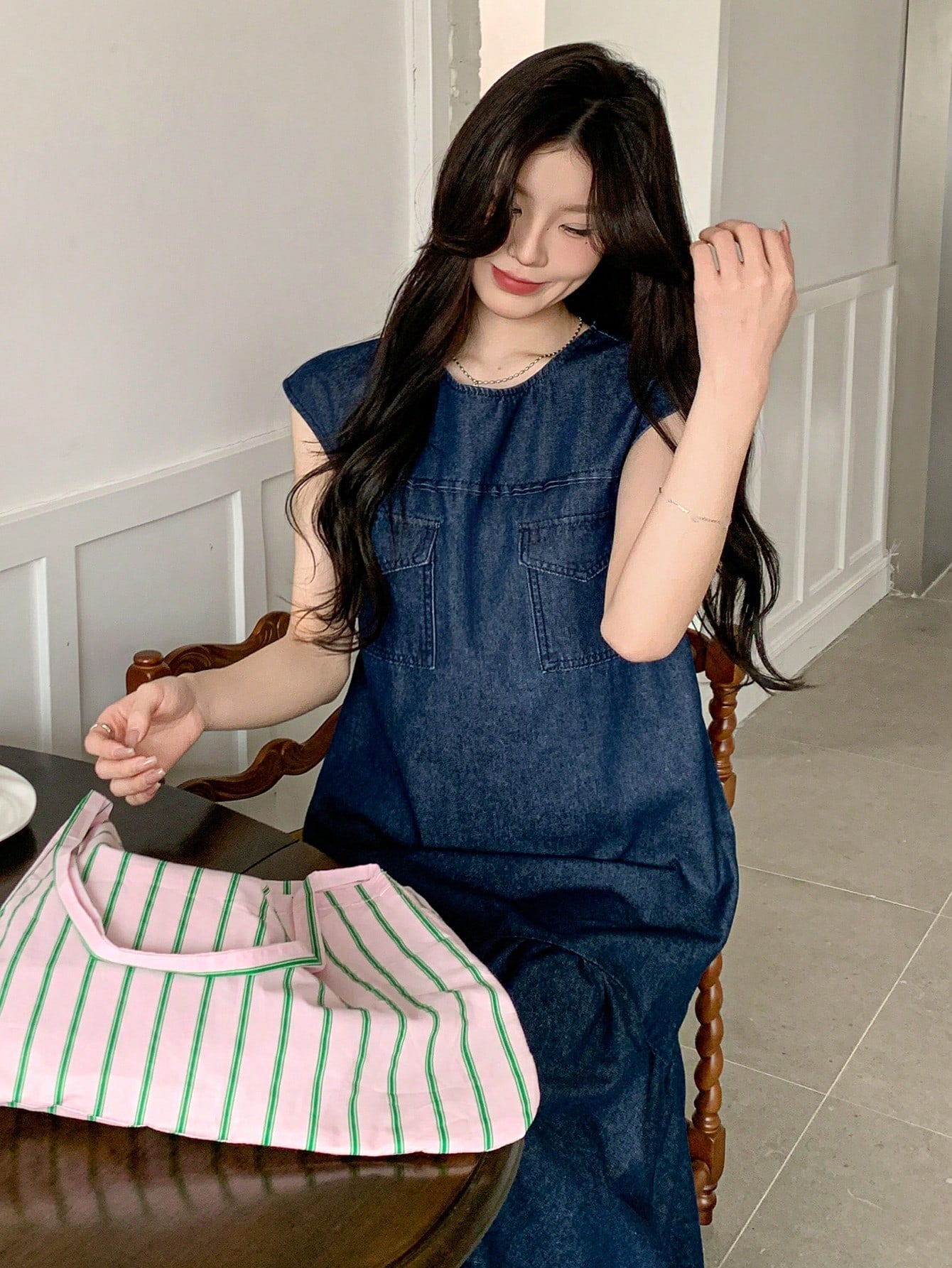CM-DS193230 Women Casual Seoul Style Dark Wash Round Neck Ruffle Hem Long Denim Dress