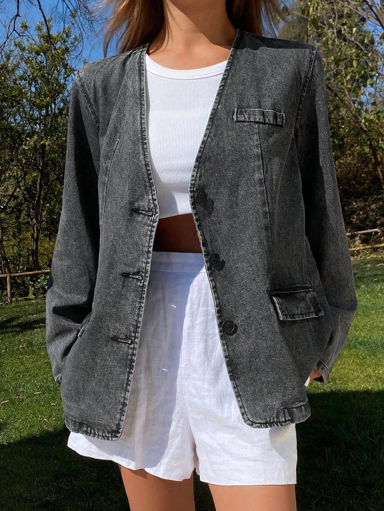CM-CS544021 Women Casual Seoul Style V-Neck Front Button Long Sleeve Pocket Denim Jacket - Black