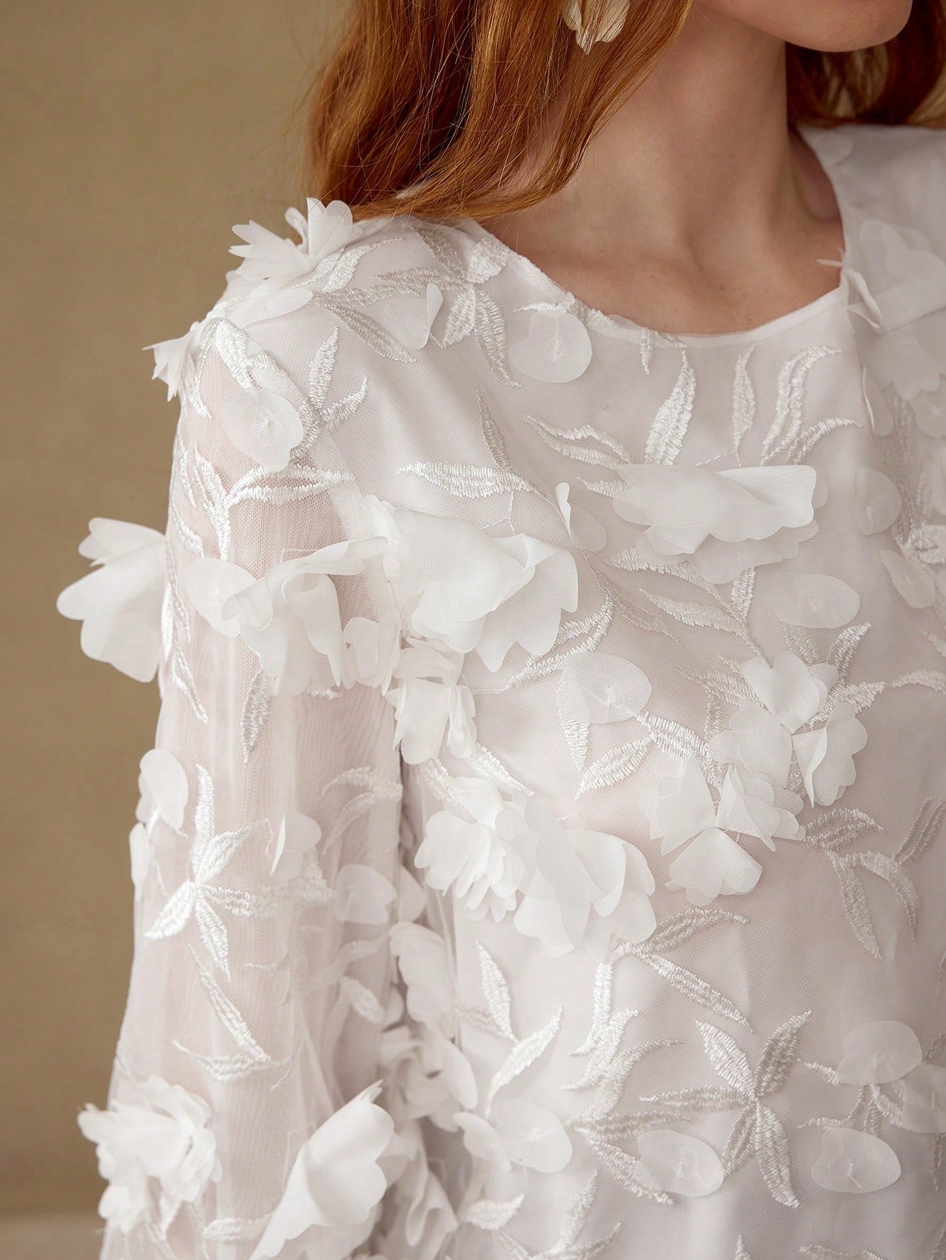 CM-TS800899 Women Elegant Seoul Style Appliques Round Neck Lantern Sleeve Top - White