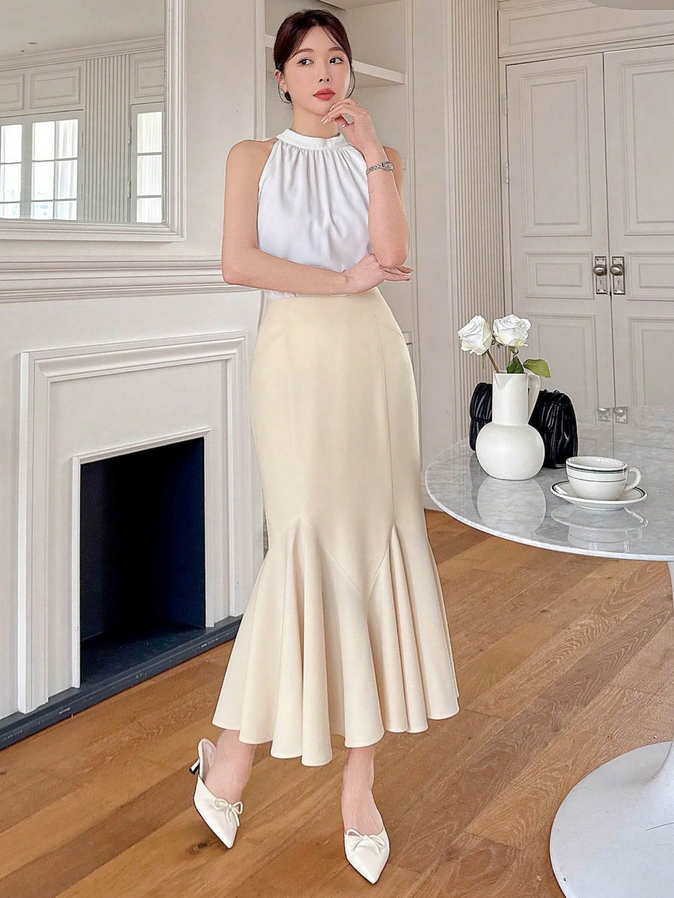 CM-BS962812 Women Elegant Seoul Style Solid Color Asymmetrical Ruffle Hem Fishtail Skirt - Beige