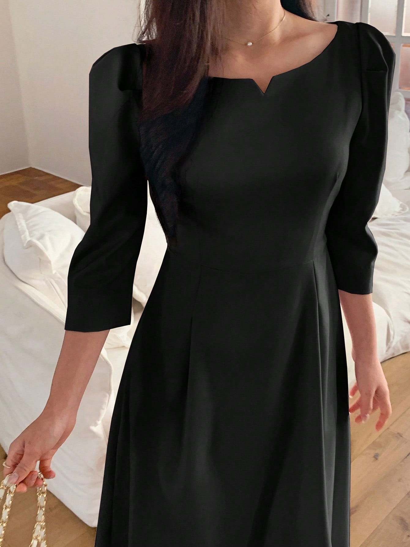 CM-DS529192 Women Elegant Seoul Style Crew Neck Cinched Waist 3/4 Sleeve Mid-Length Dress - Black