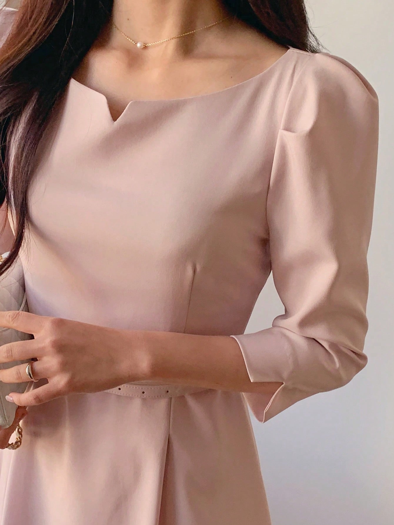 CM-DS544174 Women Elegant Seoul Style Crew Neck Cinched Waist 3/4 Sleeve Mid-Length Dress - Pink