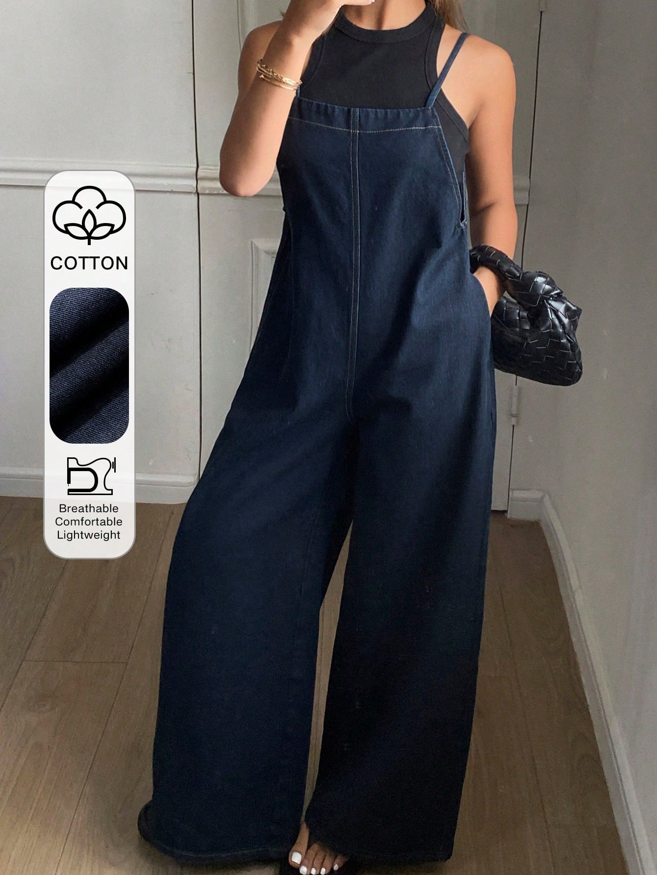 CM-JS900201 Women Casual Seoul Style Dark Wash Spaghetti Strap Loose Pocketed Wide Leg Denim Jumpsuit