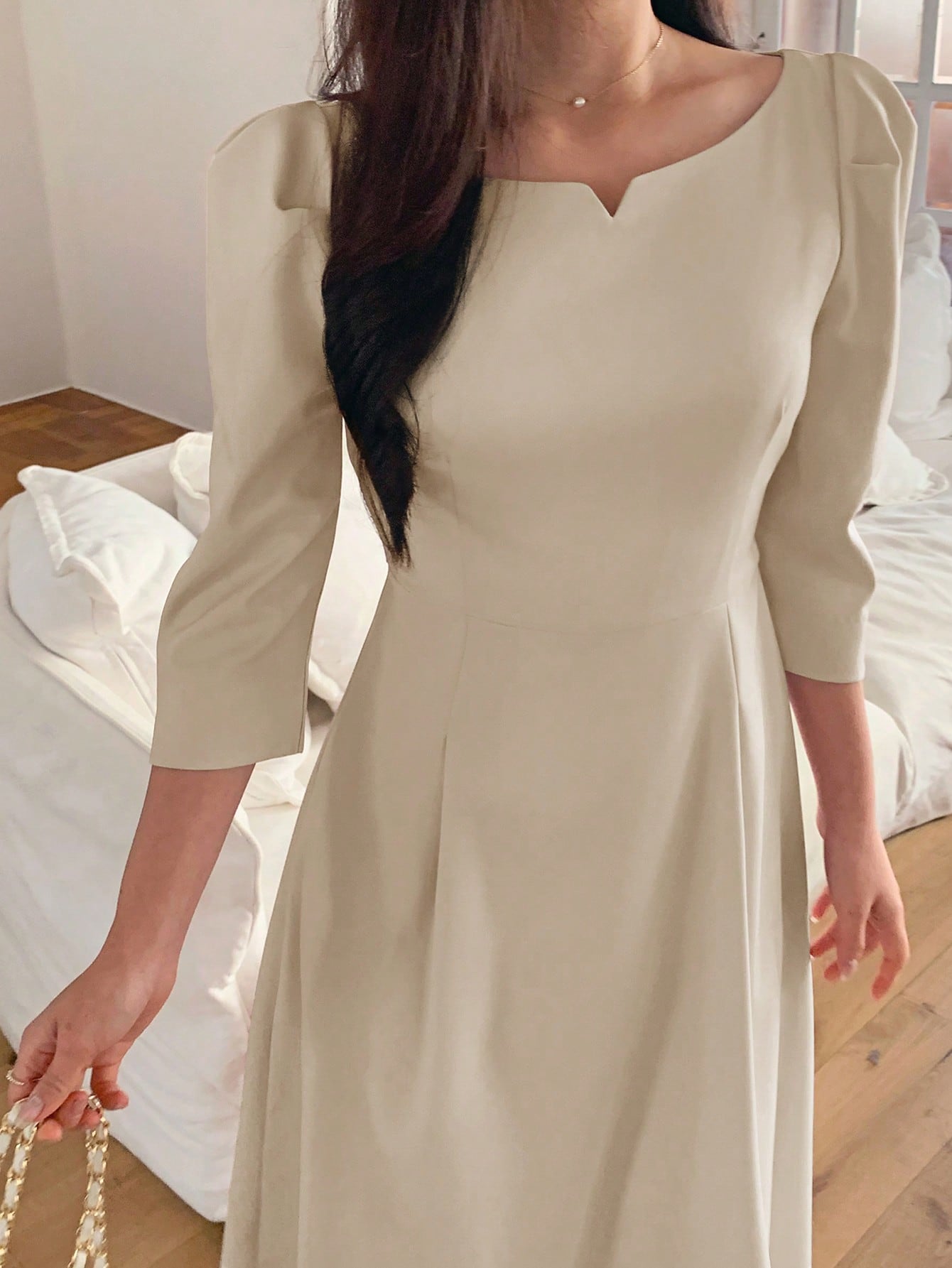 CM-DS529197 Women Elegant Seoul Style Crew Neck Cinched Waist 3/4 Sleeve Mid-Length Dress - Beige