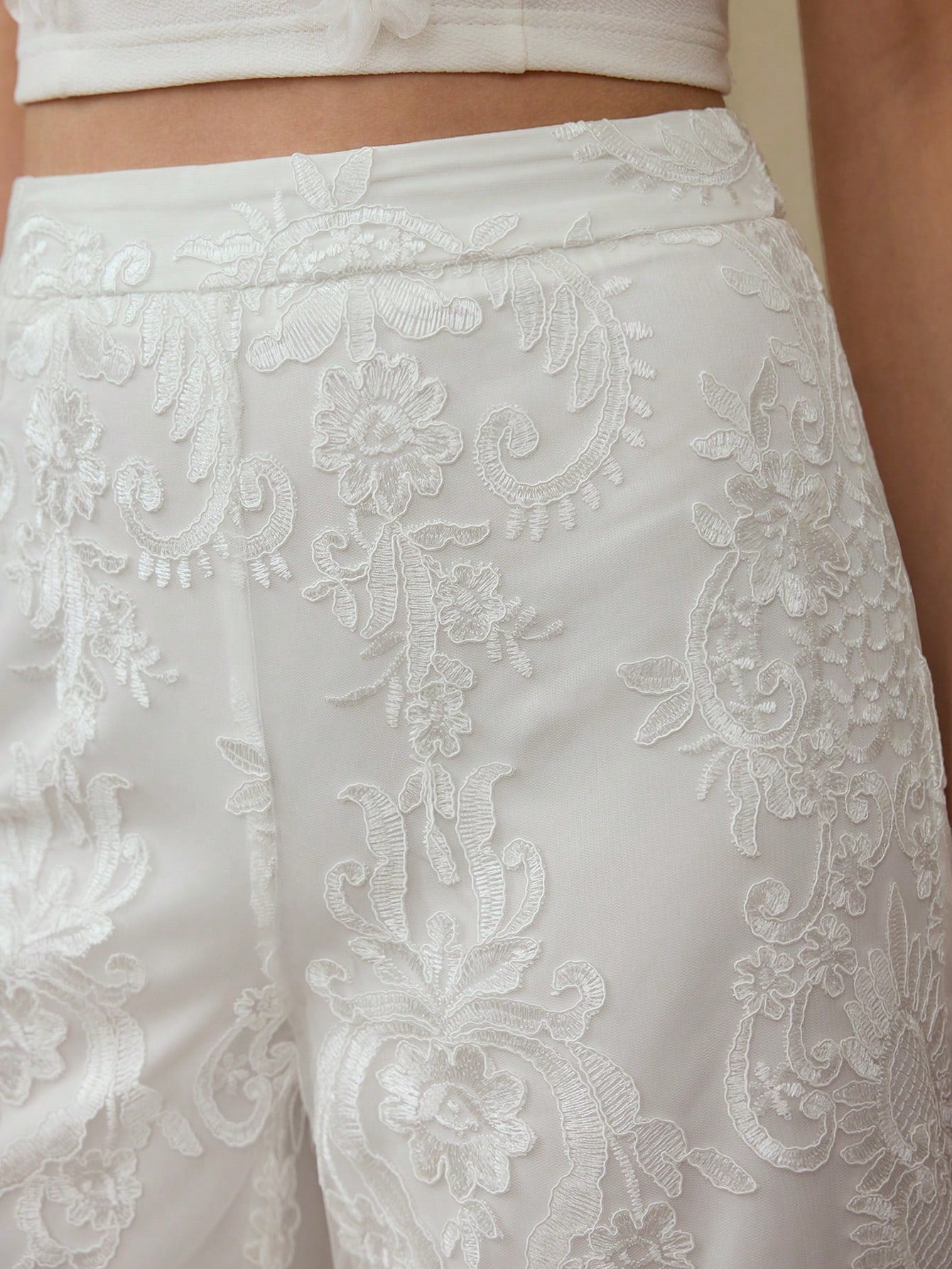 CM-BS746749 Women Elegant Seoul Style Elastic Waist Floral Embroidery Tailored Straight Leg Pants - White