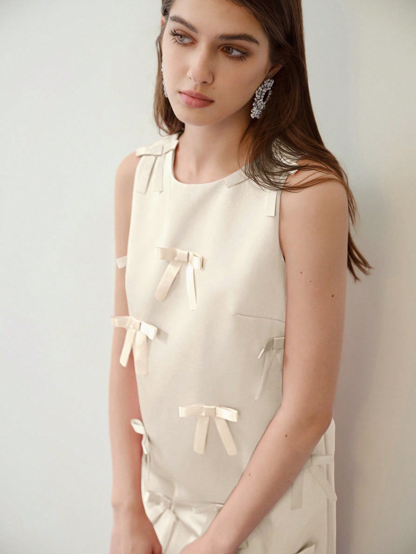 CM-DS915119 Women Elegant Seoul Style Round Neck Sleeveless Bow Decor Short Dress - Champagne