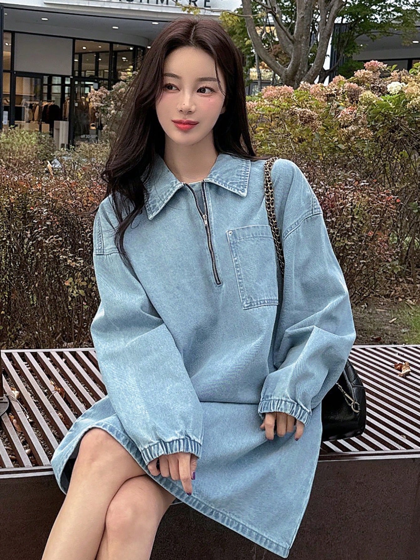 CM-DS522488 Women Casual Seoul Style Long Sleeve Zip-Up Half Placket Loose Straight Denim Dress - Blue