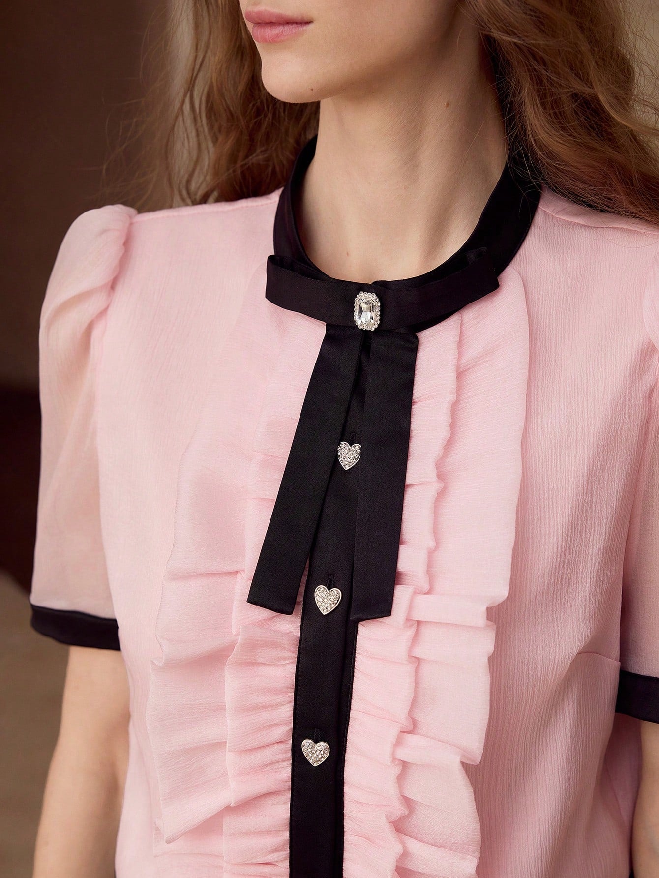 CM-TS269850 Women Elegant Seoul Style Round Neck Puff Sleeve Contrast Binding Ruffle Trim Blouse