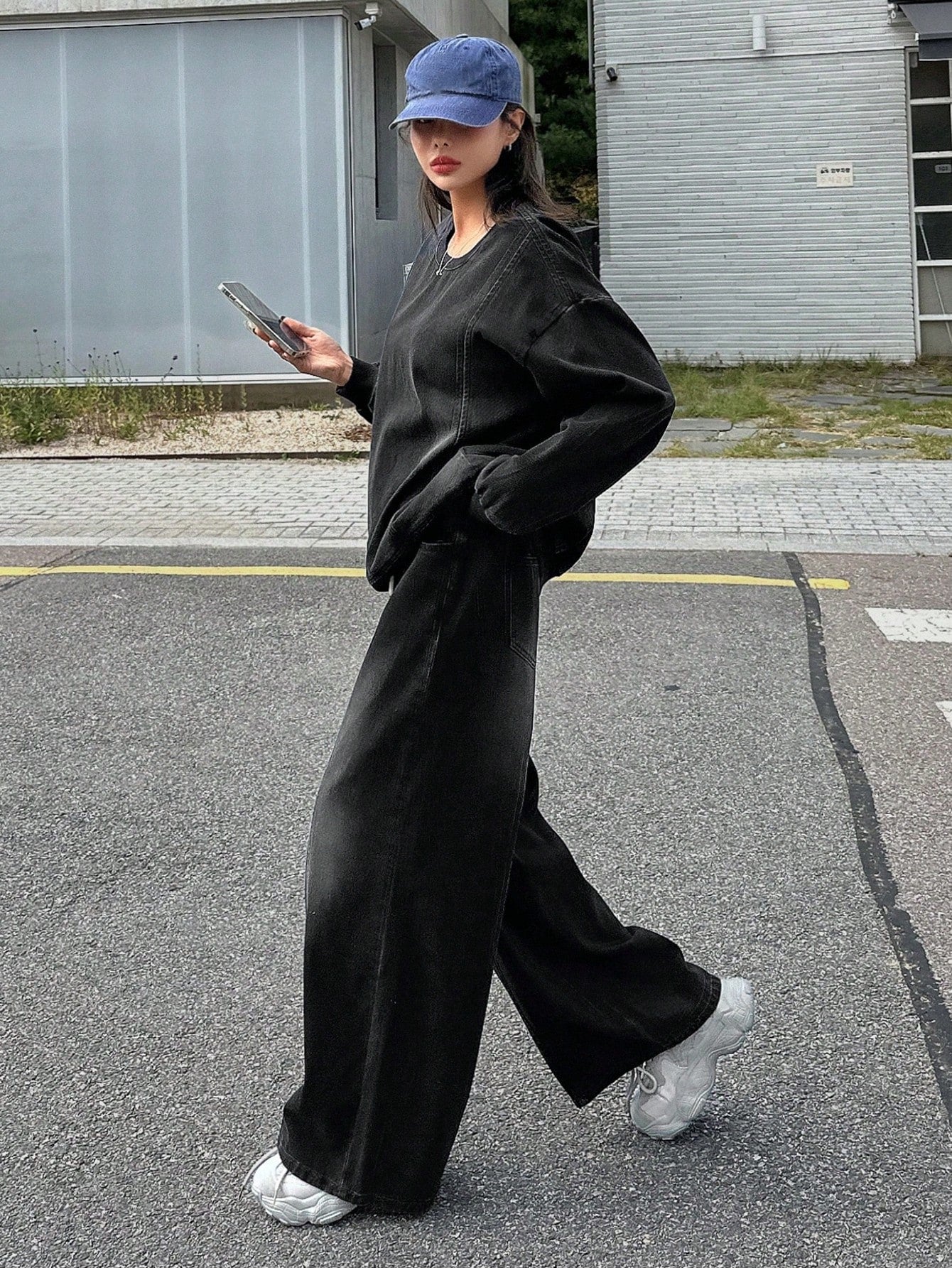 CM-SS268650 Women Casual Seoul Style Round Neck Drop Shoulder Loose Top With Wide Leg Jeans Denim - Set