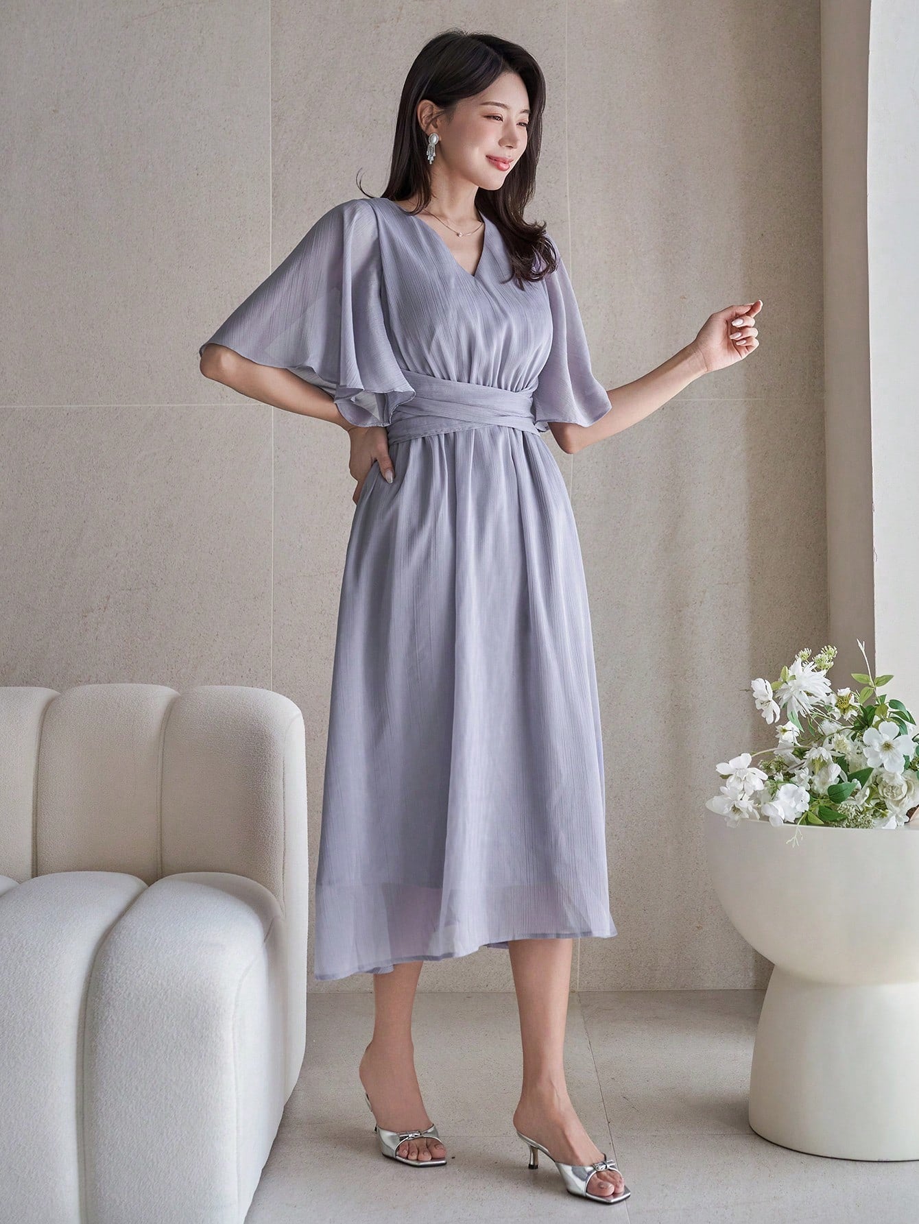 CM-DS198500 Women Elegant Seoul Style Solid Color V-Neck Ruffle Sleeve Pleat Hem Mid-Length Dress - Blue