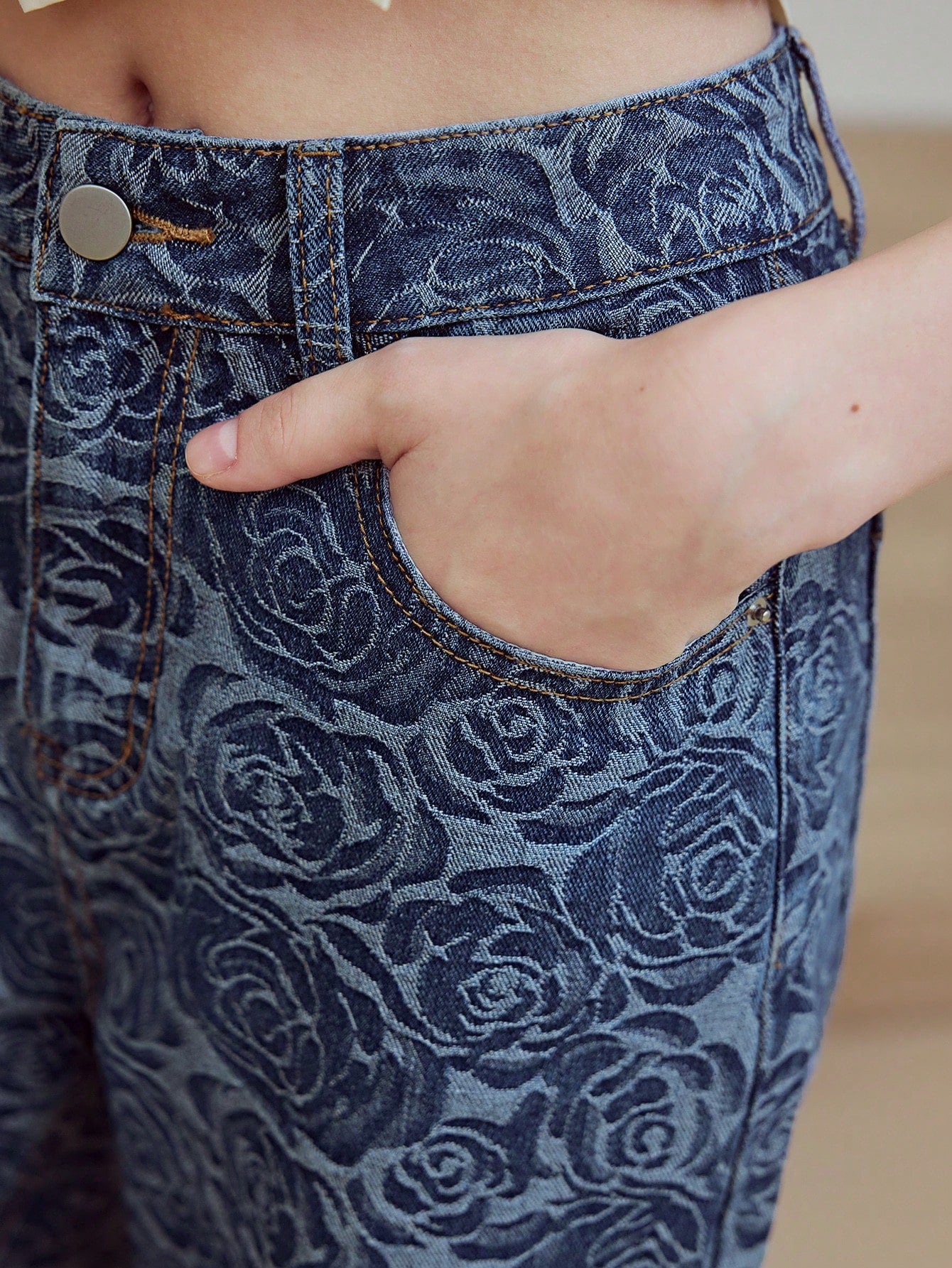 CM-BS039801 Women Casual Seoul Style All-Over Print Jacquard Mom Fit Straight Leg Jeans - Blue