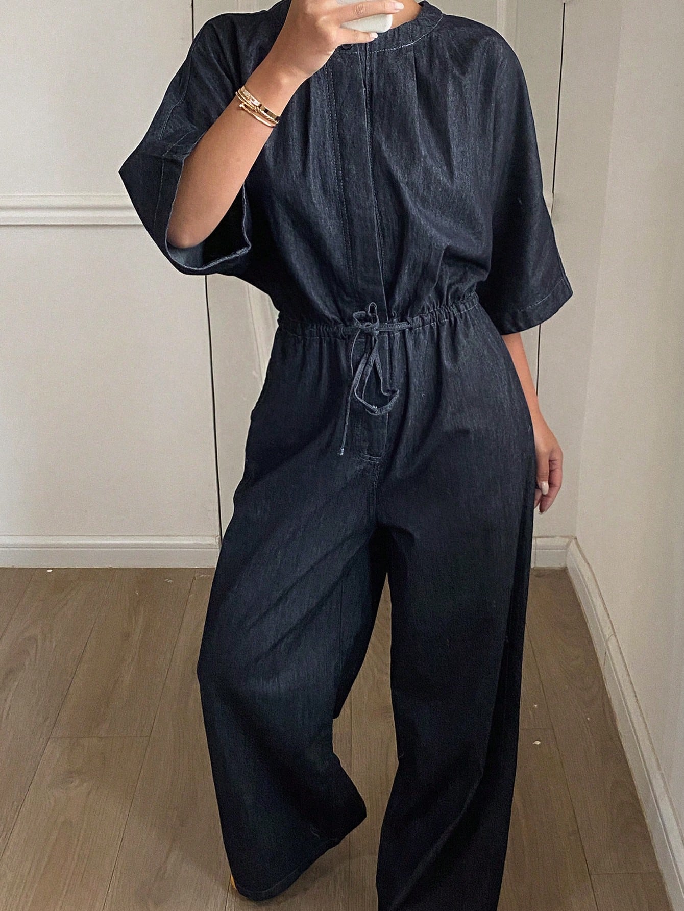 CM-JS257123 Women Casual Seoul Style Dark Wash Round Neck Batwing Sleeve Denim Jumpsuit