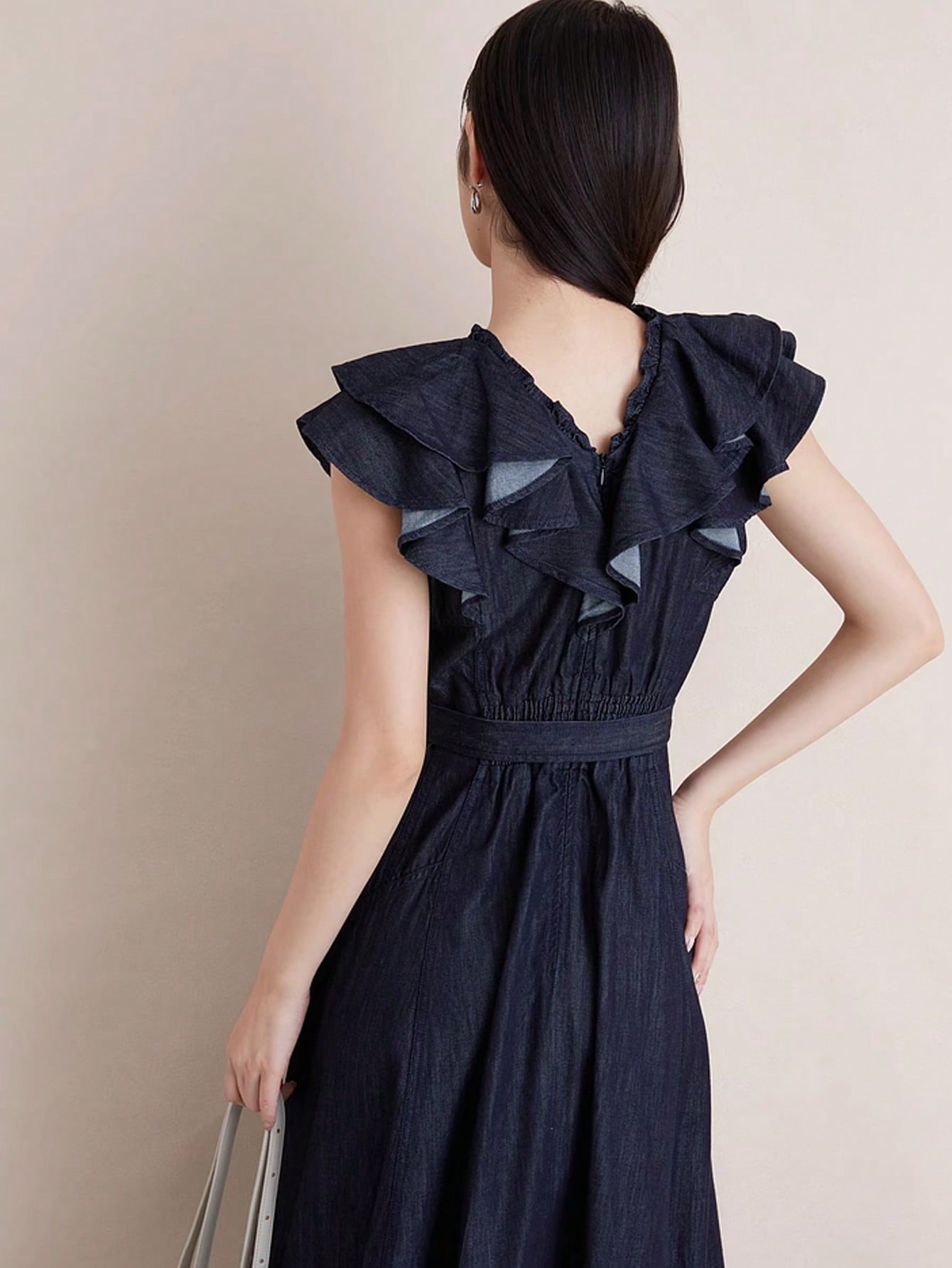 CM-DS414421 Women Casual Seoul Style V-Neck Flounce Sleeve Belted High Waist Denim Dress - Blue