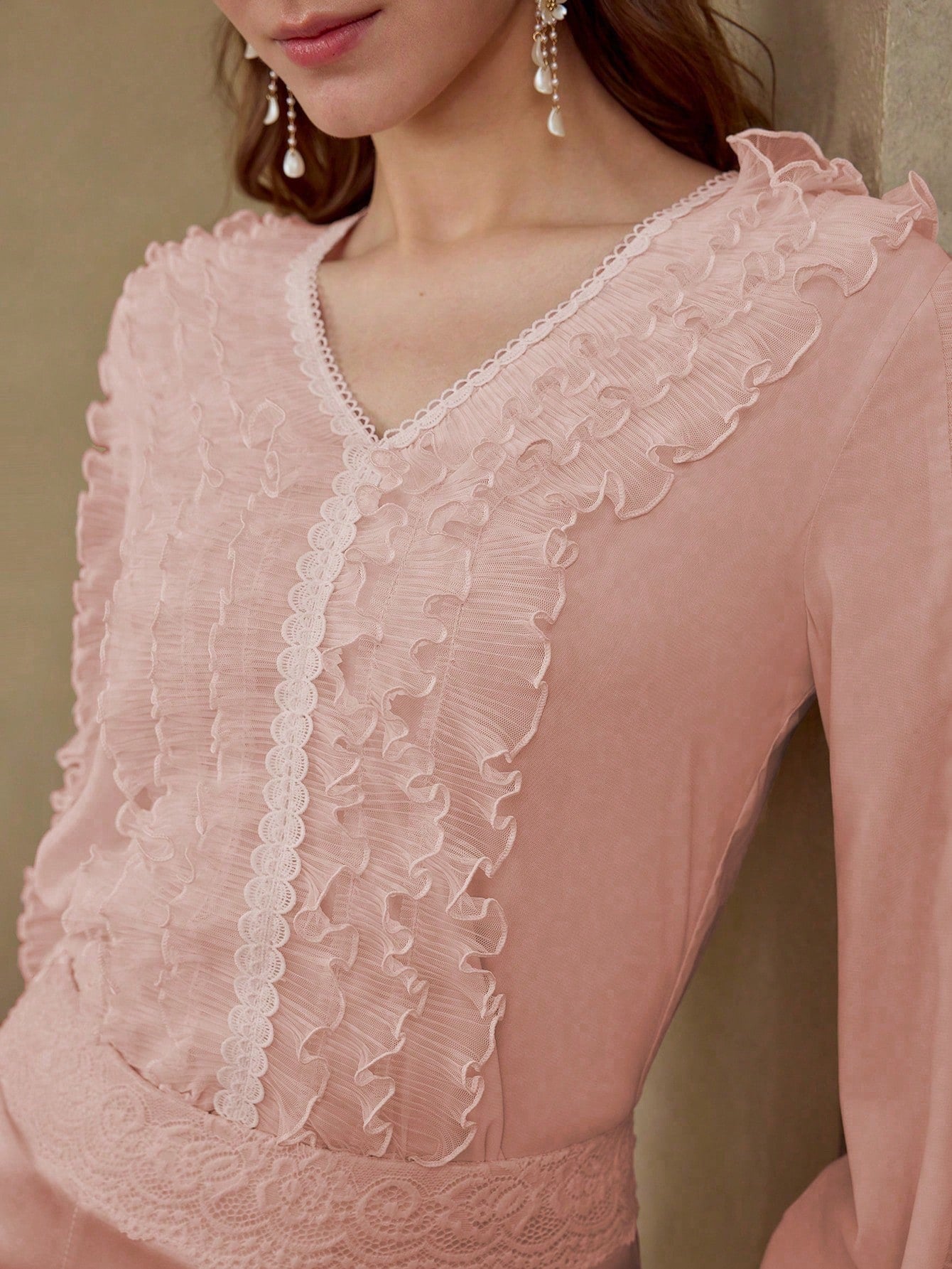 CM-TS619279 Women Elegant Seoul Style V-Neck Long Sleeve Frill Contrast Lace Blouse - Pink