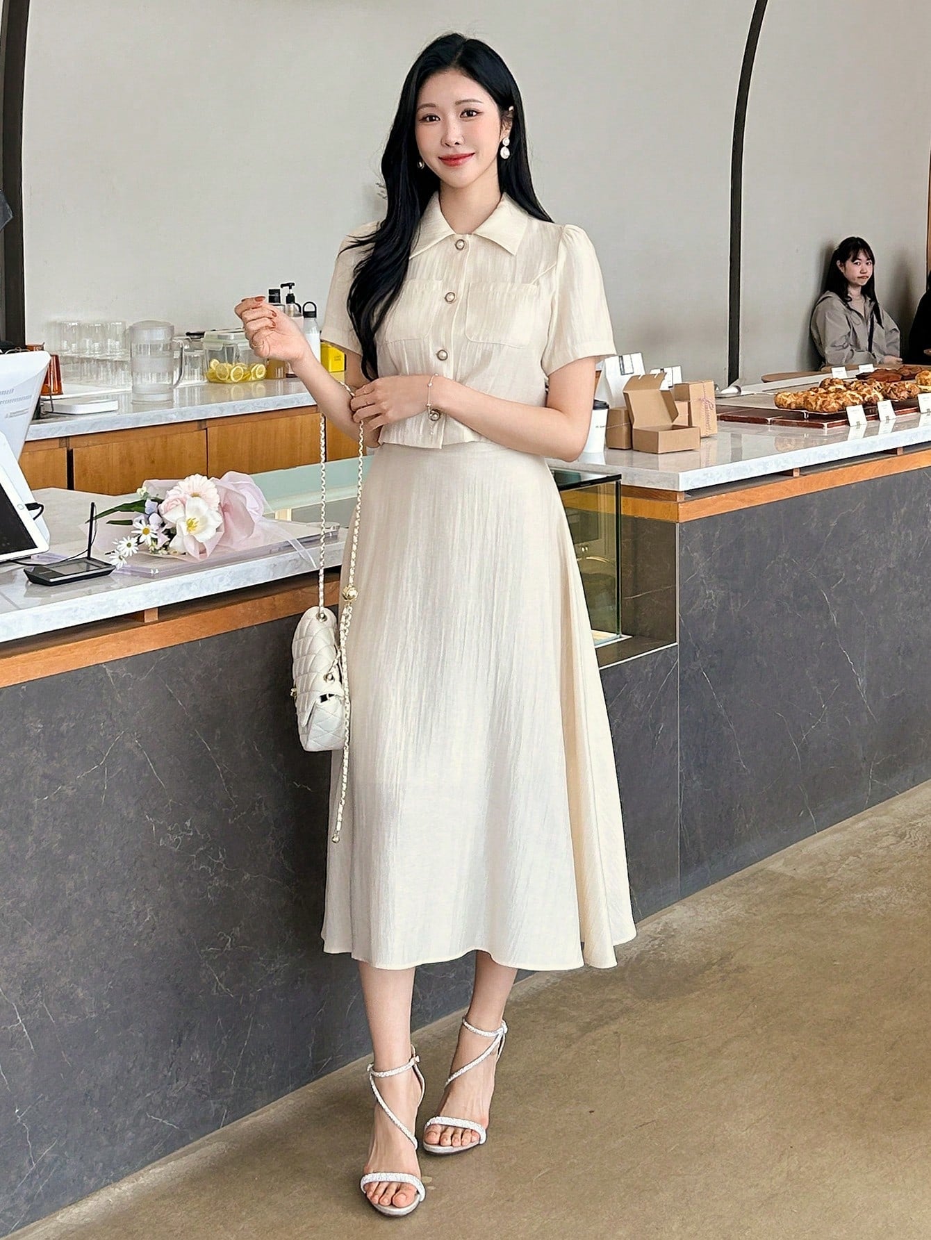 CM-SS662999 Women Elegant Seoul Style Solid Color Collar Neckline Puff Sleeve Blouse With Midi Skirt - Set