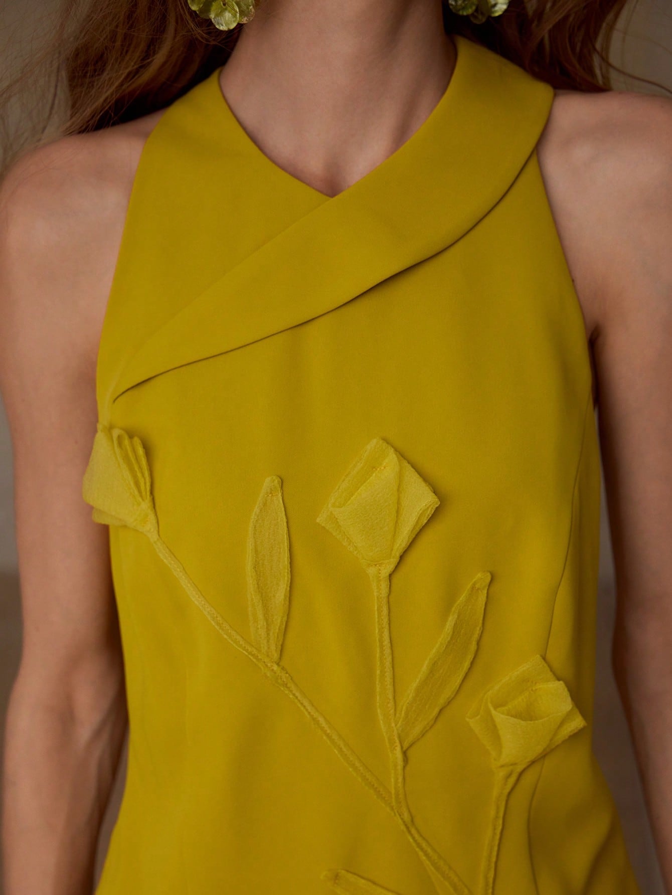 CM-TS039793 Women Elegant Seoul Style V-Neck Sleeveless Appliques Wrap Top - Mustard Yellow