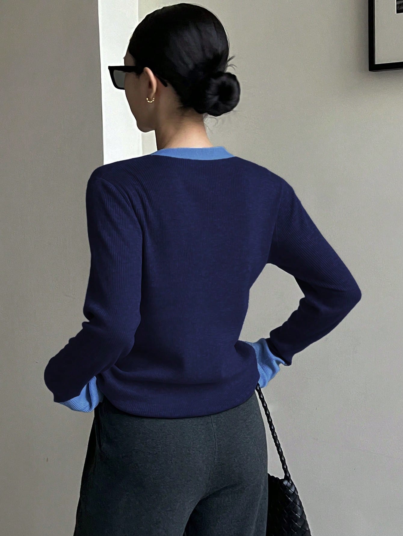 CM-CS418846 Women Casual Seoul Style Color-Block Trim Button-Up V-Neck Cardigan Sweater - Navy Blue