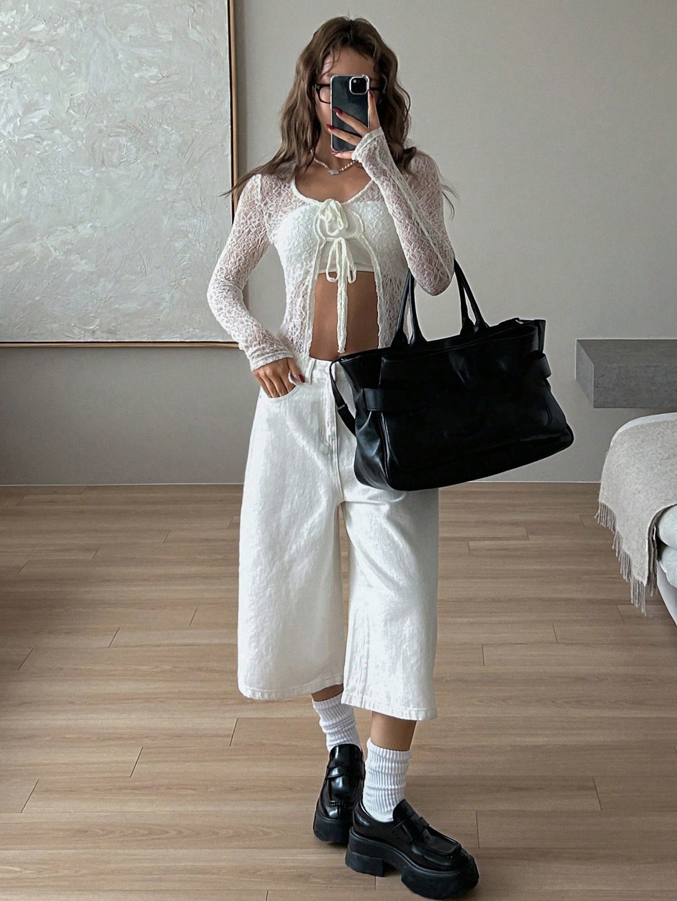 CM-BS059210 Women Casual Seoul Style Mid Waist Loose Straight Leg Cropped Jeans - White