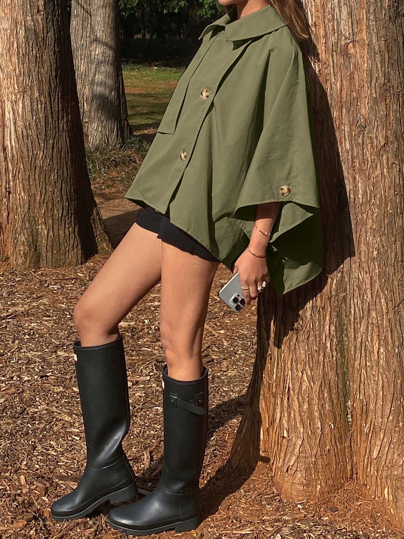 CM-CS663167 Women Casual Seoul Style Solid Color Loose Turndown Collar Bomber Jacket - Army Green