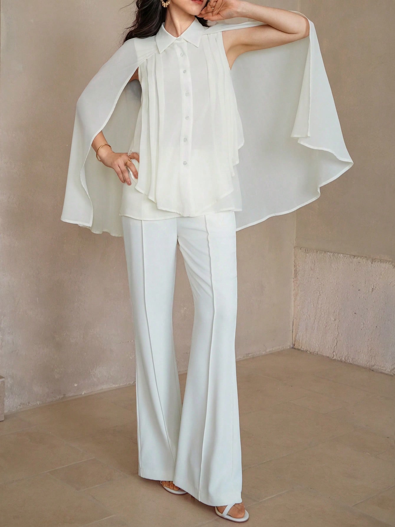 CM-SS801017 Women Elegant Seoul Style Solid Color Single Breasted Cape Shirt With Long Pants - Set