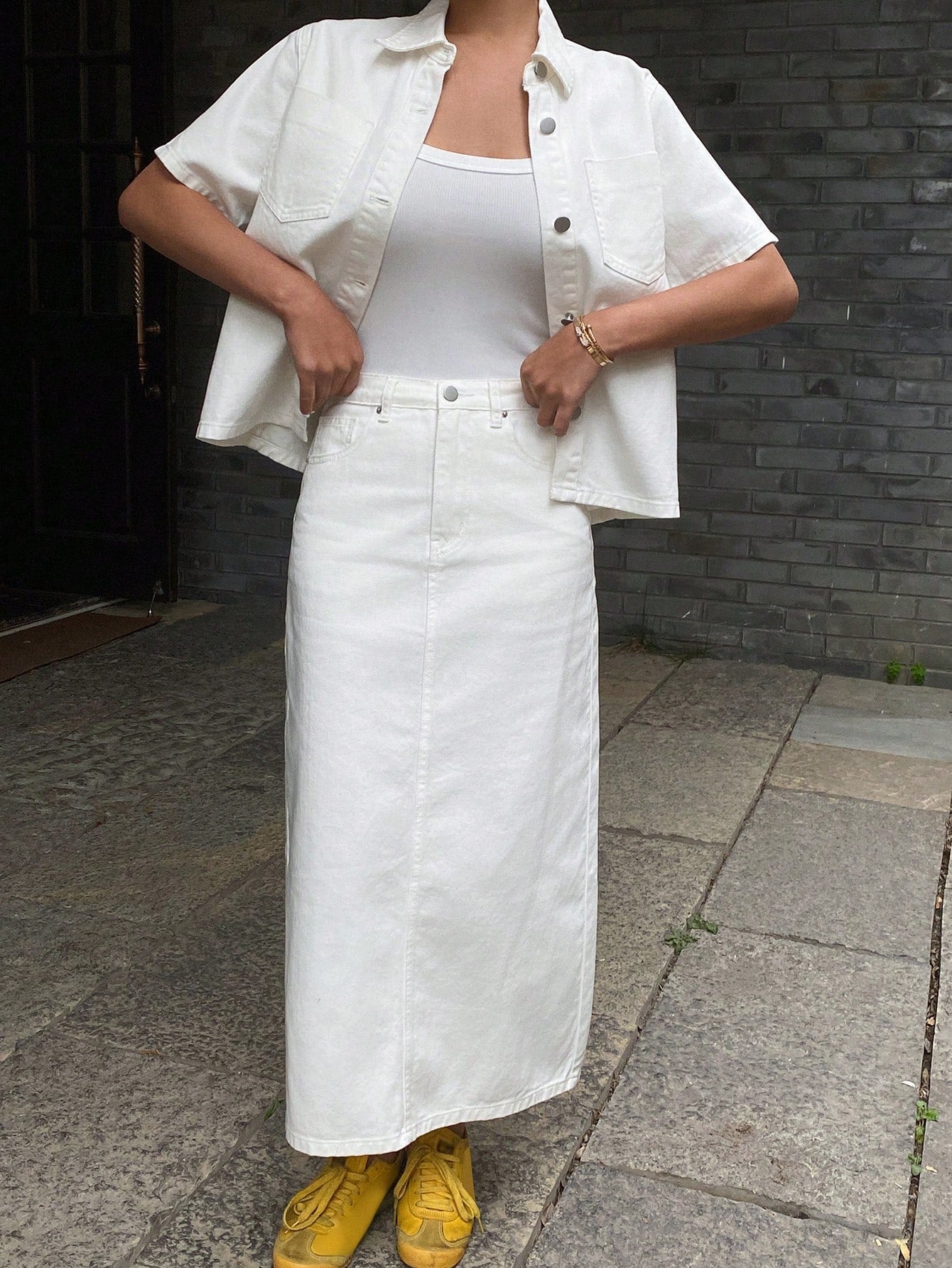 CM-SS188448 Women Casual Seoul Style Solid Color Short Sleeve Shirt With Denim Skirt - Set