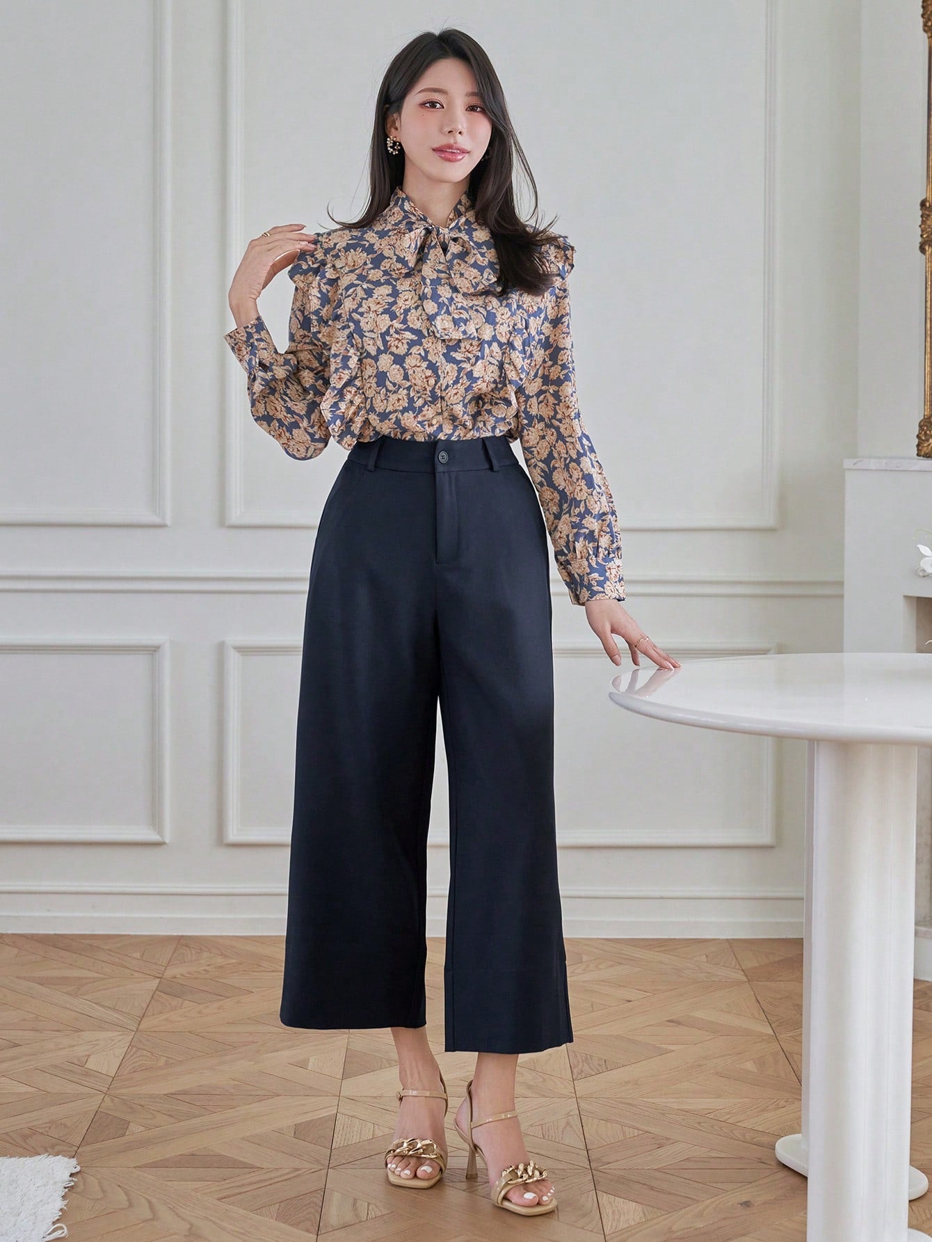 CM-BS707077 Women Casual Seoul Style Solid Color Straight-Leg Ankle Length Pants - Navy Blue