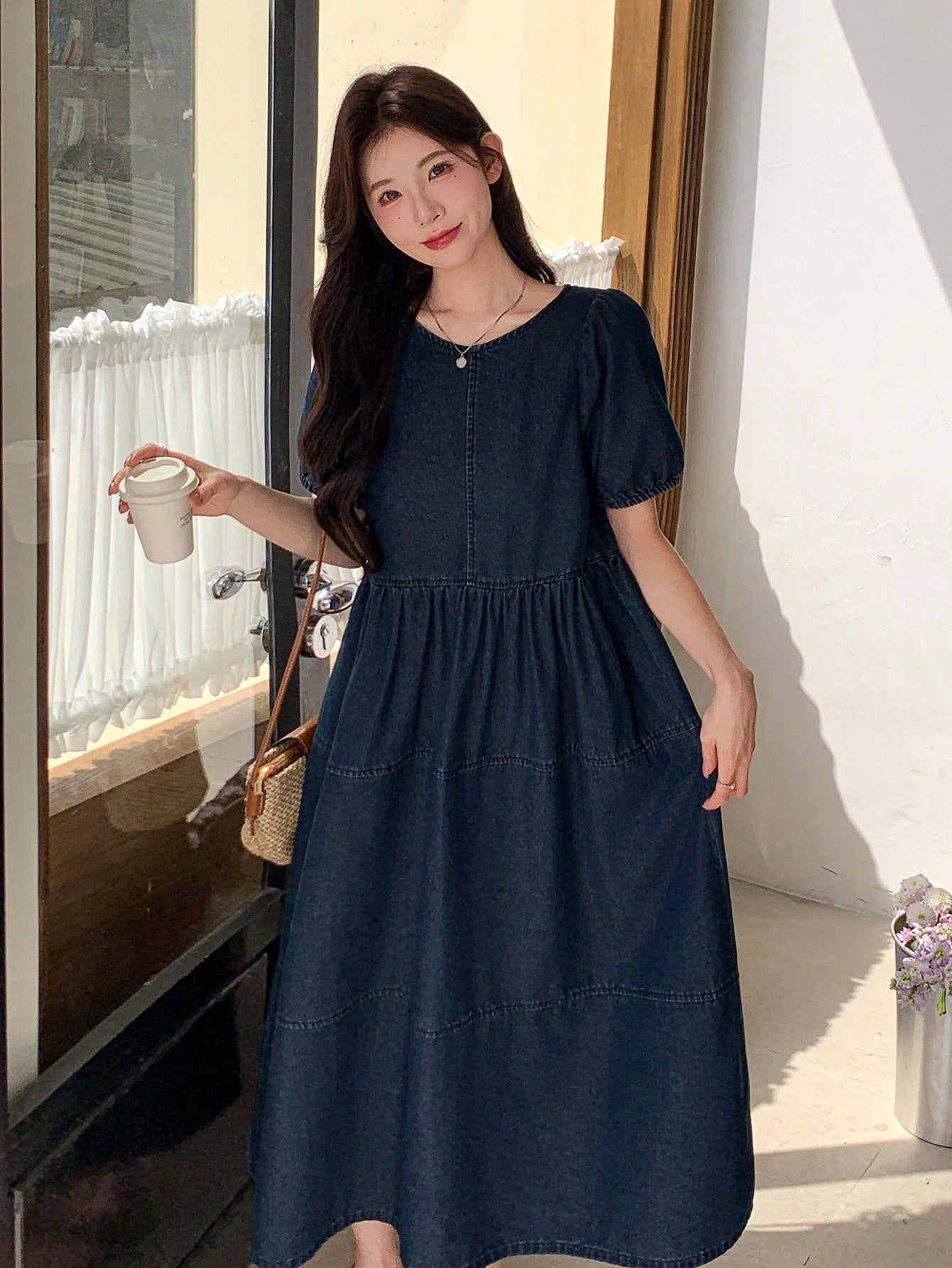 CM-DS713274 Women Casual Seoul Style Round Neck Short Puff Sleeve Loose Denim Skater Dress